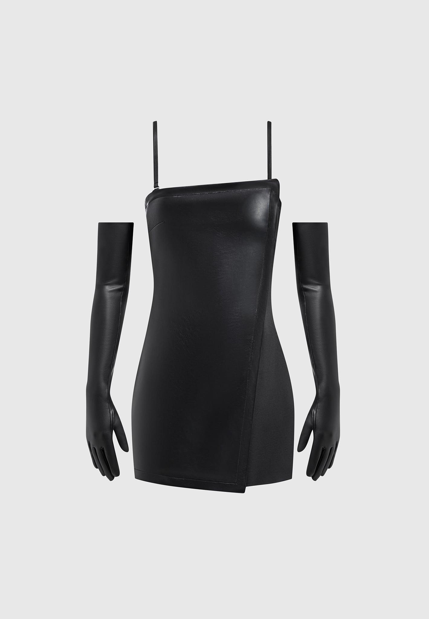 Leather Tailored Playsuit with Gloves - Black Female Product Image