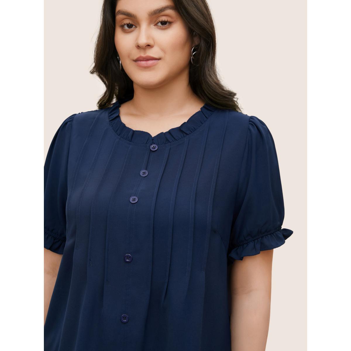 Plus Size Indigo Plain Mesh Lace Patchwork Pleated Frill Trim Blouse Women Casual Short sleeve Stand-up collar Everyday Blouses BloomChic 12/L Product Image