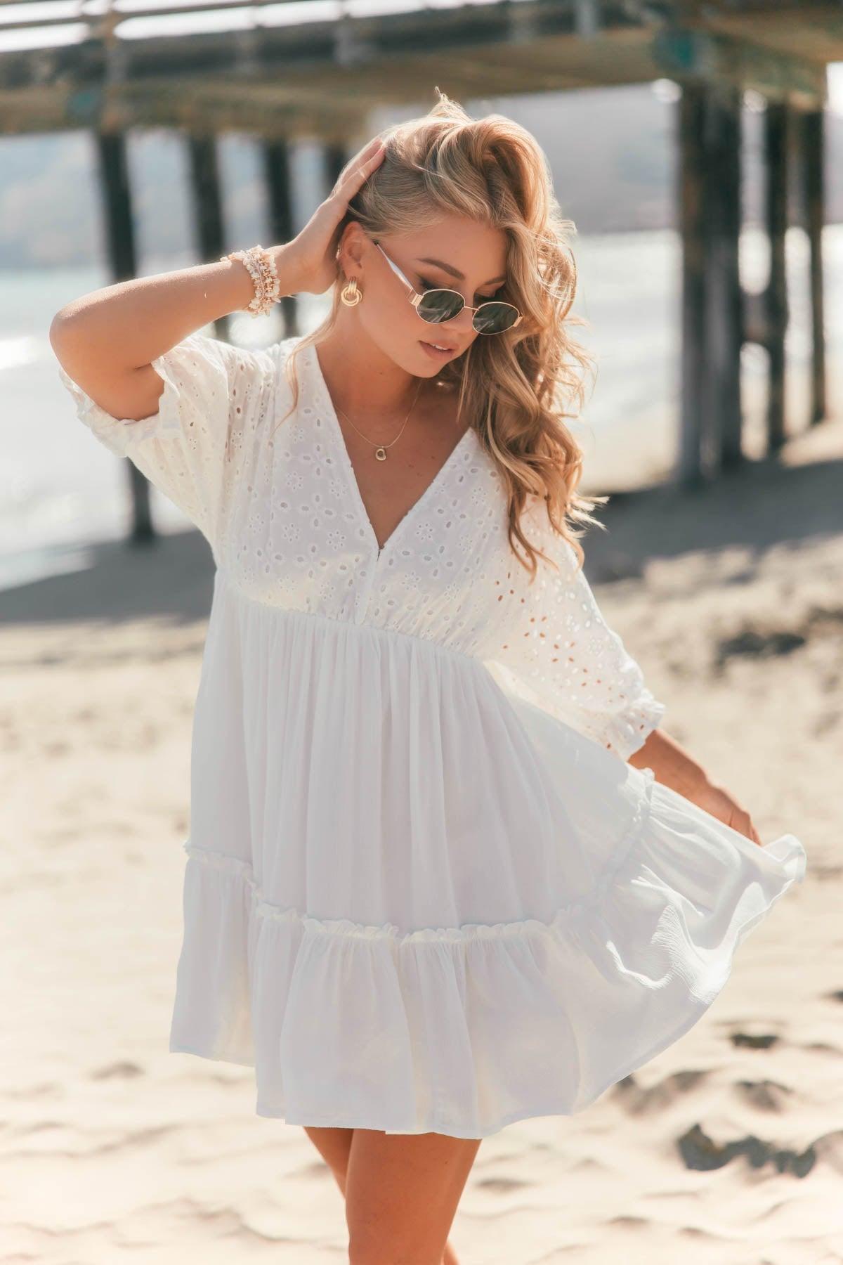 Chloe White Eyelet Tiered Mini Dress - FINAL SALE Product Image