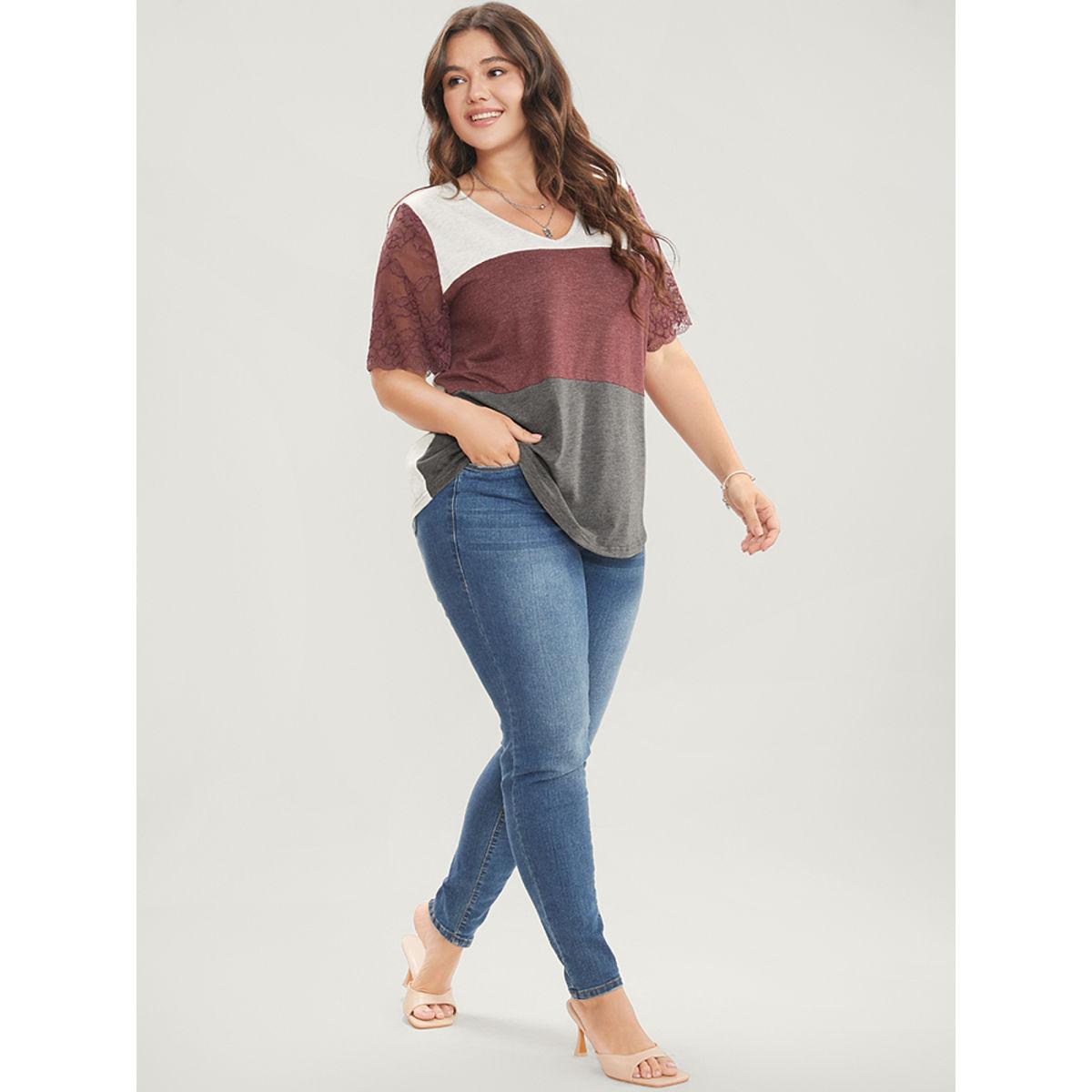 Plus Size Lace Sheer Sleeve Color Contrast T-Shirt Multicolor Women Contrast V-neck Everyday-Casual T-shirts BloomChic 18-20/2X Product Image