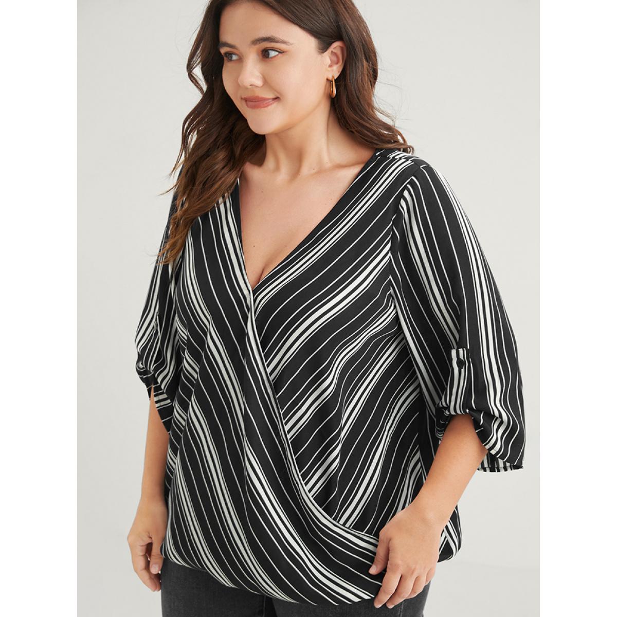 Plus Size Black Striped Button Cuffed Sleeve Wrap Blouse Women Vacation Short sleeve V-neck Dailywear Blouses BloomChic 14-16/1X Product Image