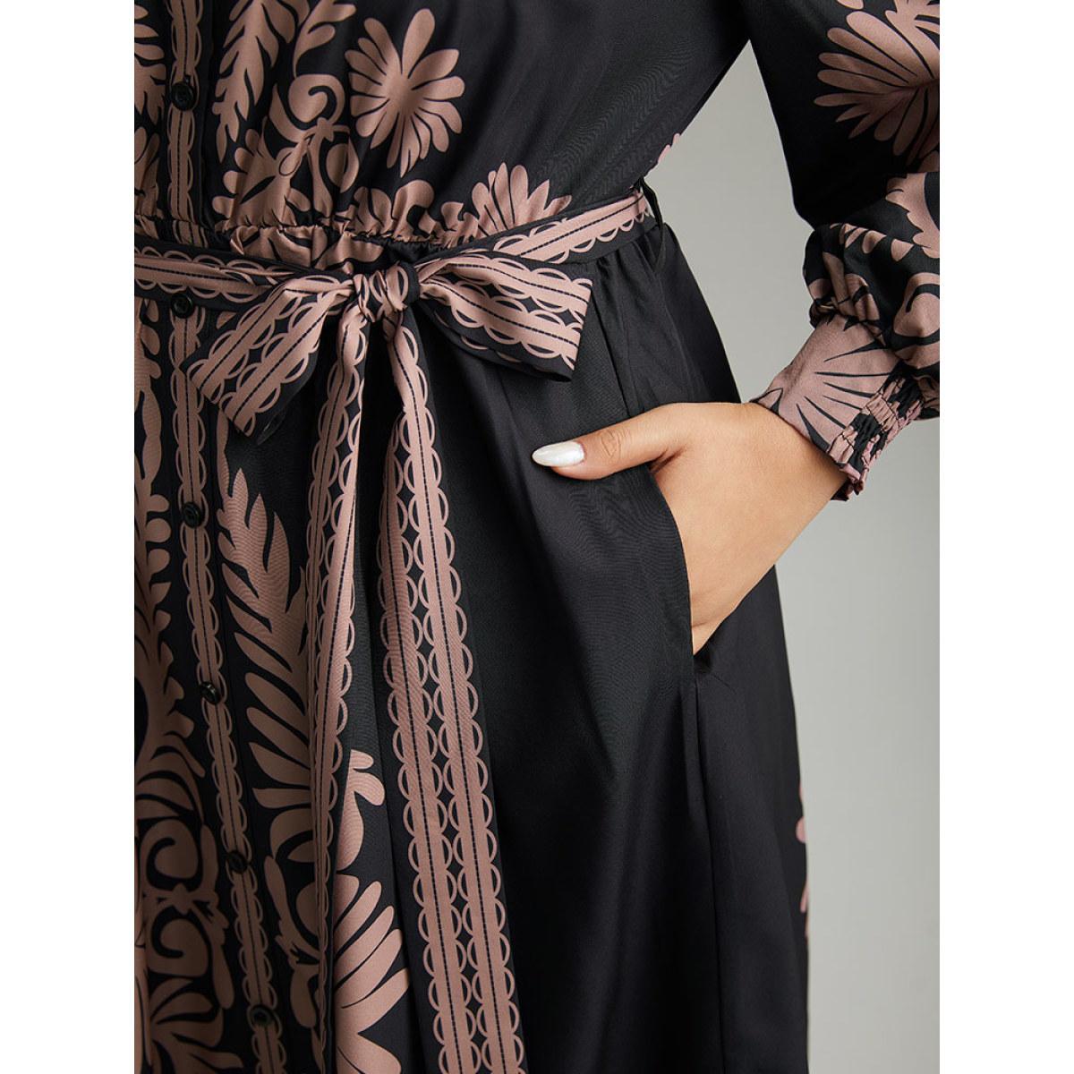 Plus Size Boho Print Shirt Collar Belted Dress Black Women Vacation Belted Shirt collar Long Sleeve Curvy Midi Dress BloomChic 28/5X Product Image