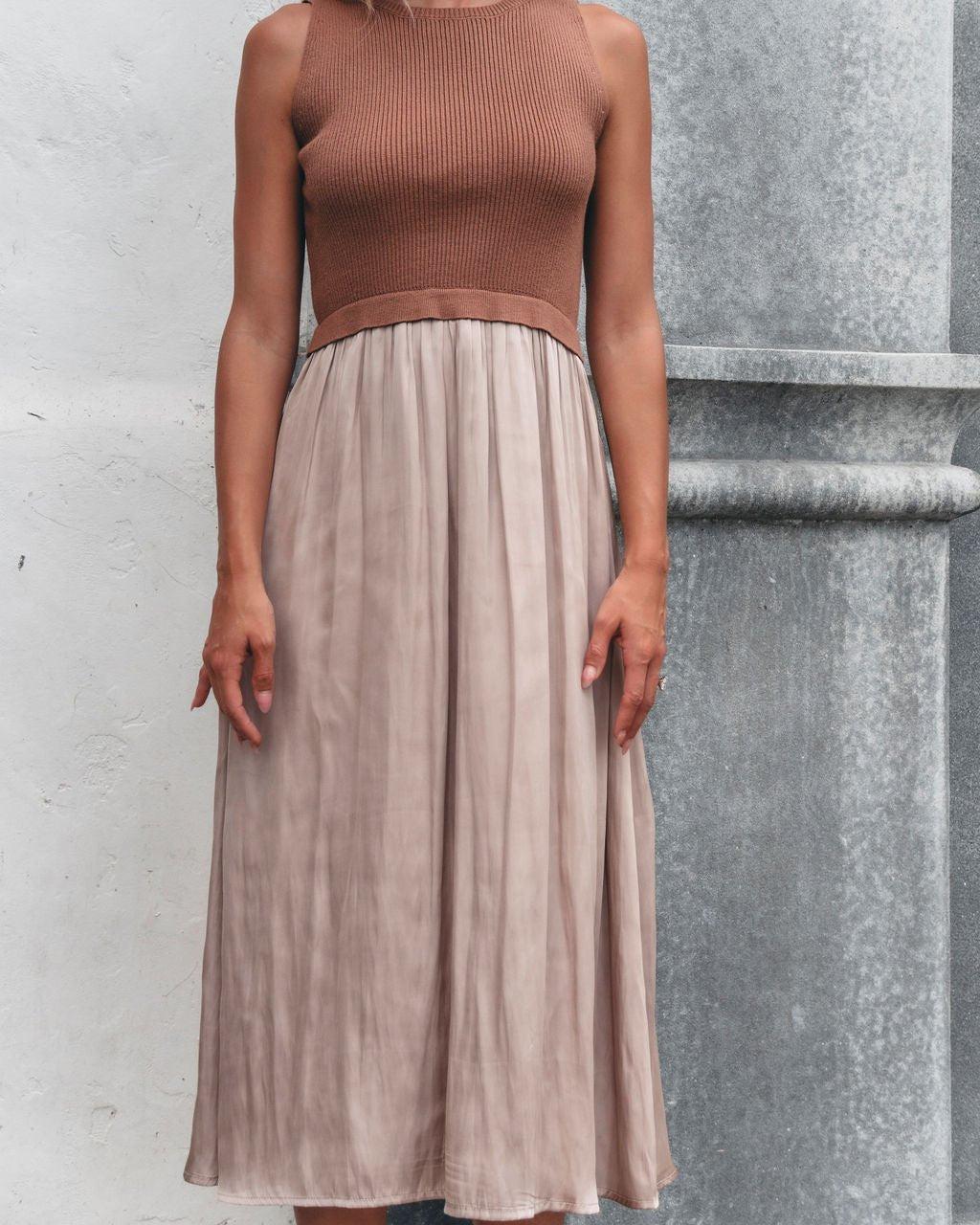 Sleeveless Half Sweater and Satin Skirt Midi Dress - Mocha Female Product Image