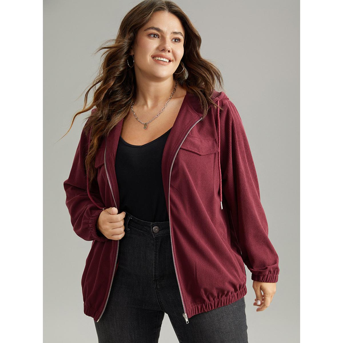 Plus Size Corduroy Hooded Flap Pocket Ties Jacket Women Burgundy Elastic cuffs Pocket Everyday Jackets BloomChic 18-20/2X Product Image