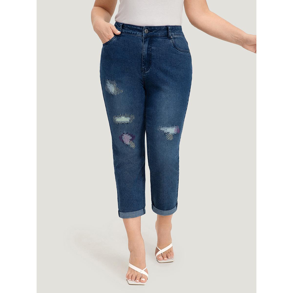 Plus Size Ripped Embroidered Roll Hem Very Stretchy Jeans Women Stone Casual Plain Distressed High stretch Pocket Jeans BloomChic 10/M Product Image