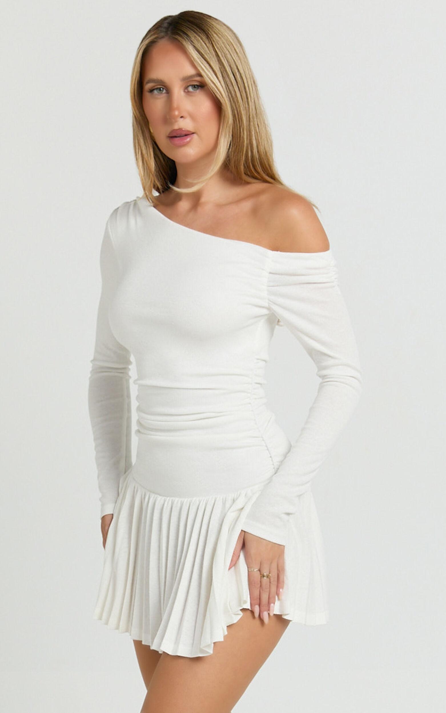 Presley Mini Dress - One Shoulder Ruched Side Pleated Fit And Flare Dress in Cream Product Image