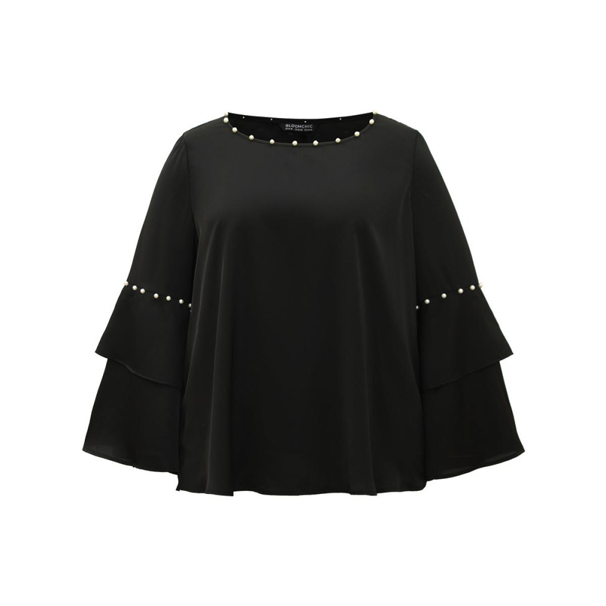 Plus Size Cyan Anti-Wrinkle Pearl Beaded Ruffle Layered Sleeve Blouse Women Glamour Long Sleeve Round Neck Going out Blouses BloomChic 10/M Product Image