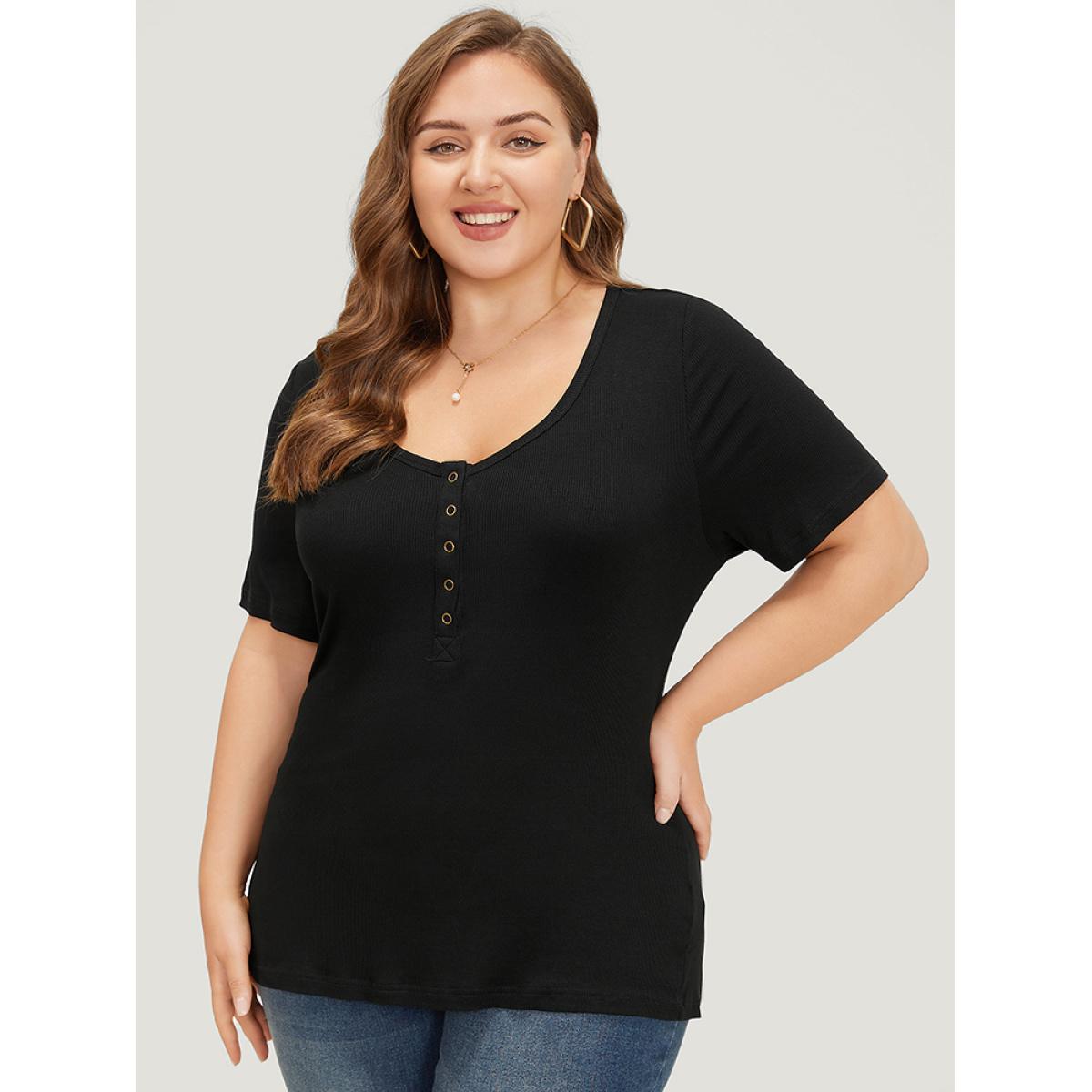 Plus Size Plain Scoop Neck Button Through Rib Knit T-shirt Black Women Casual Button Plain Scoop Neck Skinny Dailywear T-shirts BloomChic 10/M Product Image