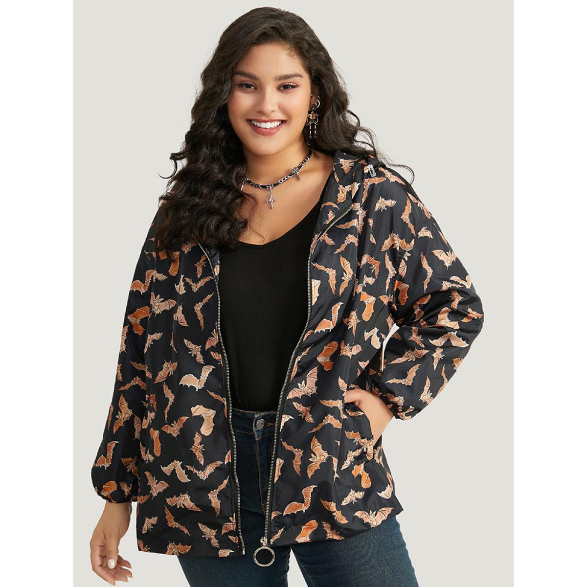 Plus Size Halloween Bat Pattern Zipper Fly Hooded Coat Women Black Elastic cuffs Pocket Dailywear Jackets BloomChic 26/4X Product Image