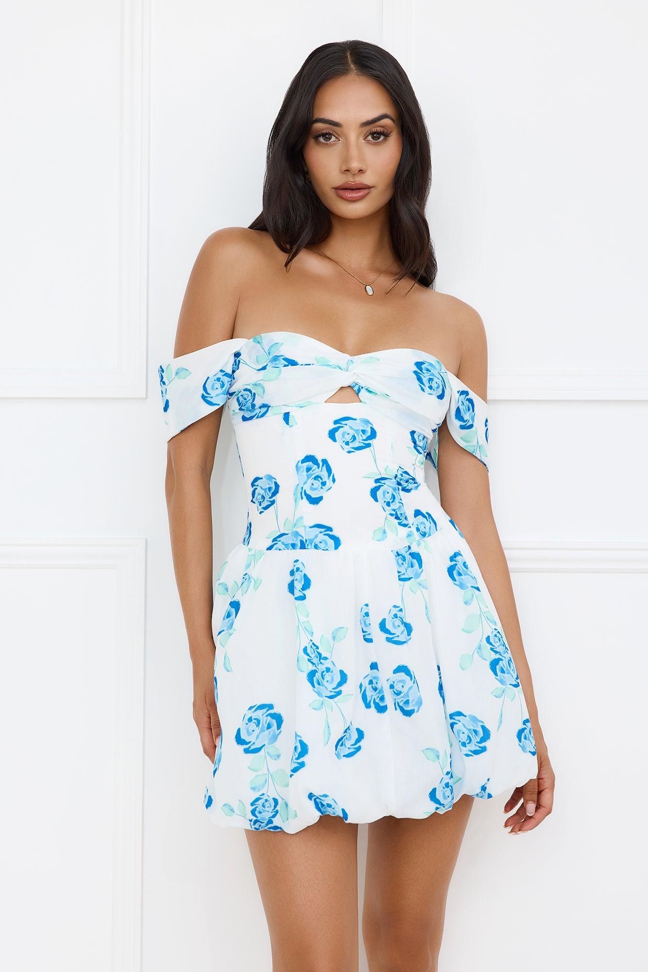 Easy Living Off Shoulder Bubble Mini Dress Blue Product Image