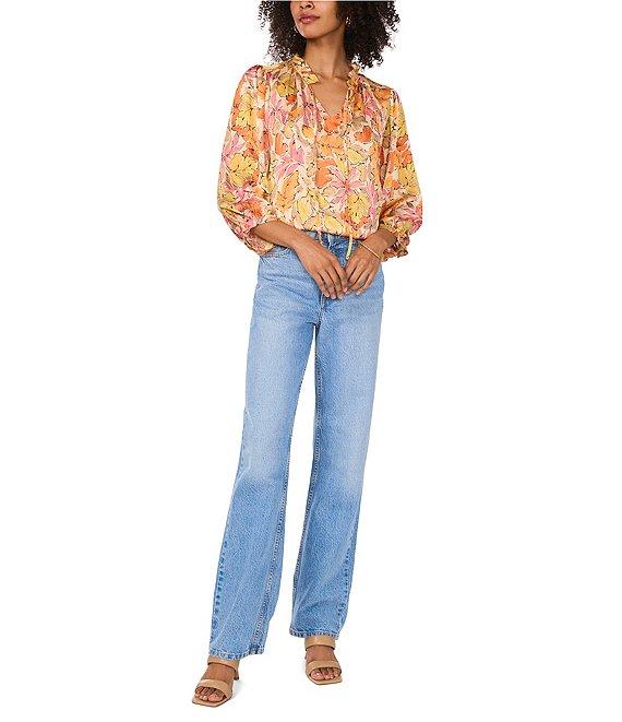 Vince Camuto Satin V-Neck Long Sleeve Tie Front Floral Print Blouse Product Image