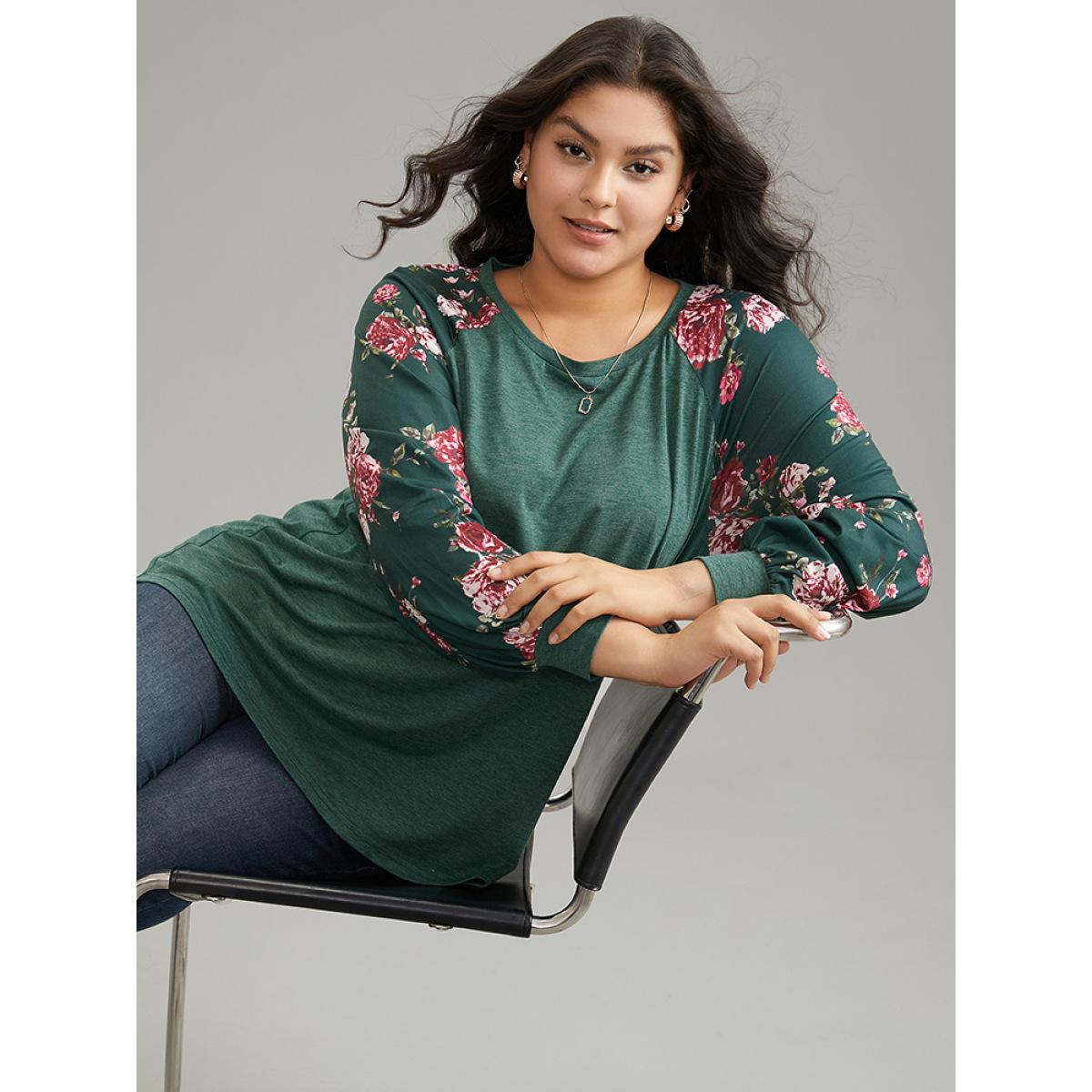 Plus Size Floral Patchwork Crew Neck Raglan Sleeve T-shirt DarkGreen Women Leisure Printed Floral Round Neck Casual T-shirts BloomChic 10/M Product Image