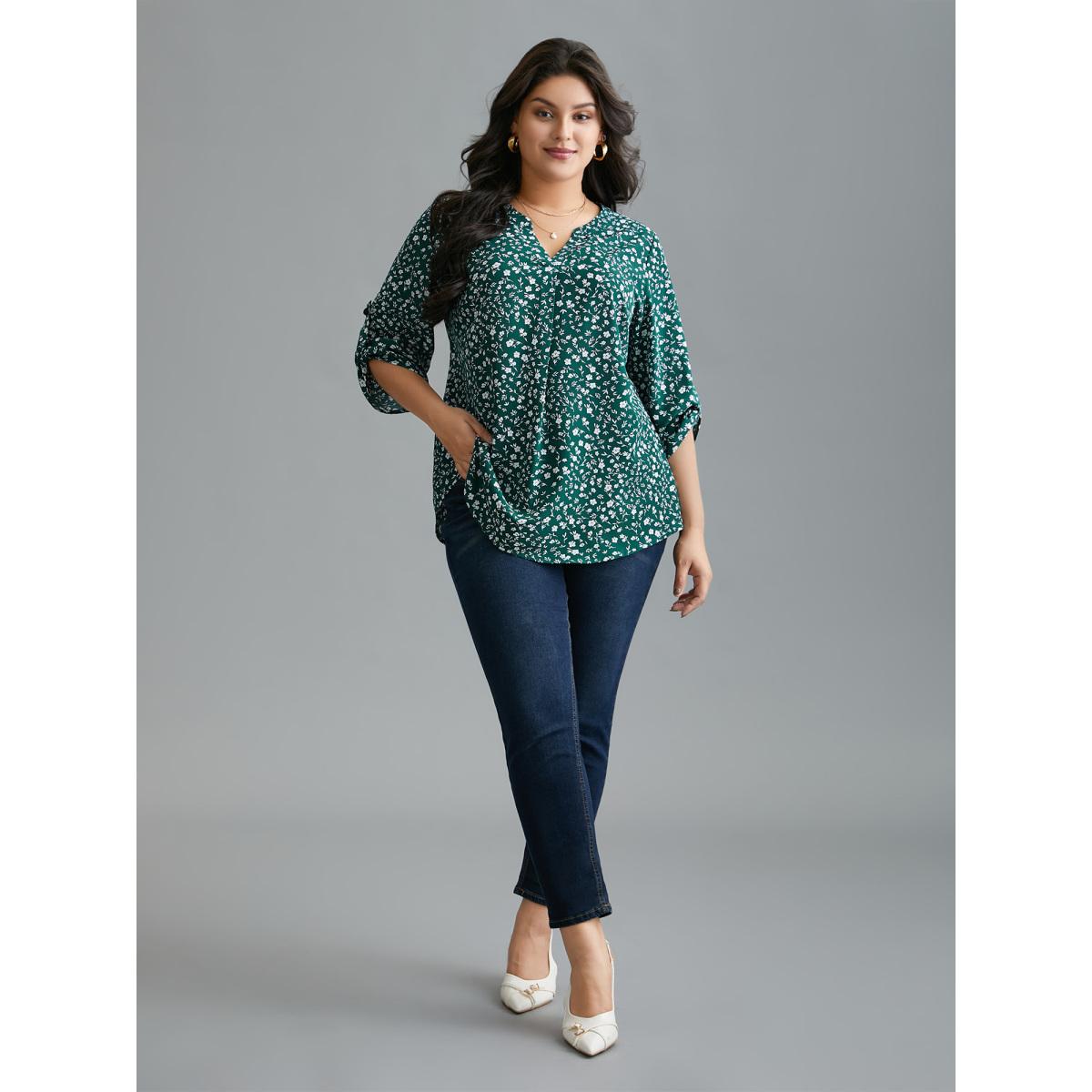 Plus Size DarkGreen Ditsy Floral Button Cuff Sleeve Pleated Blouse Women Elegant Long Sleeve Flat collar with V-notch Everyday Blouses BloomChic 18-20/2X Product Image