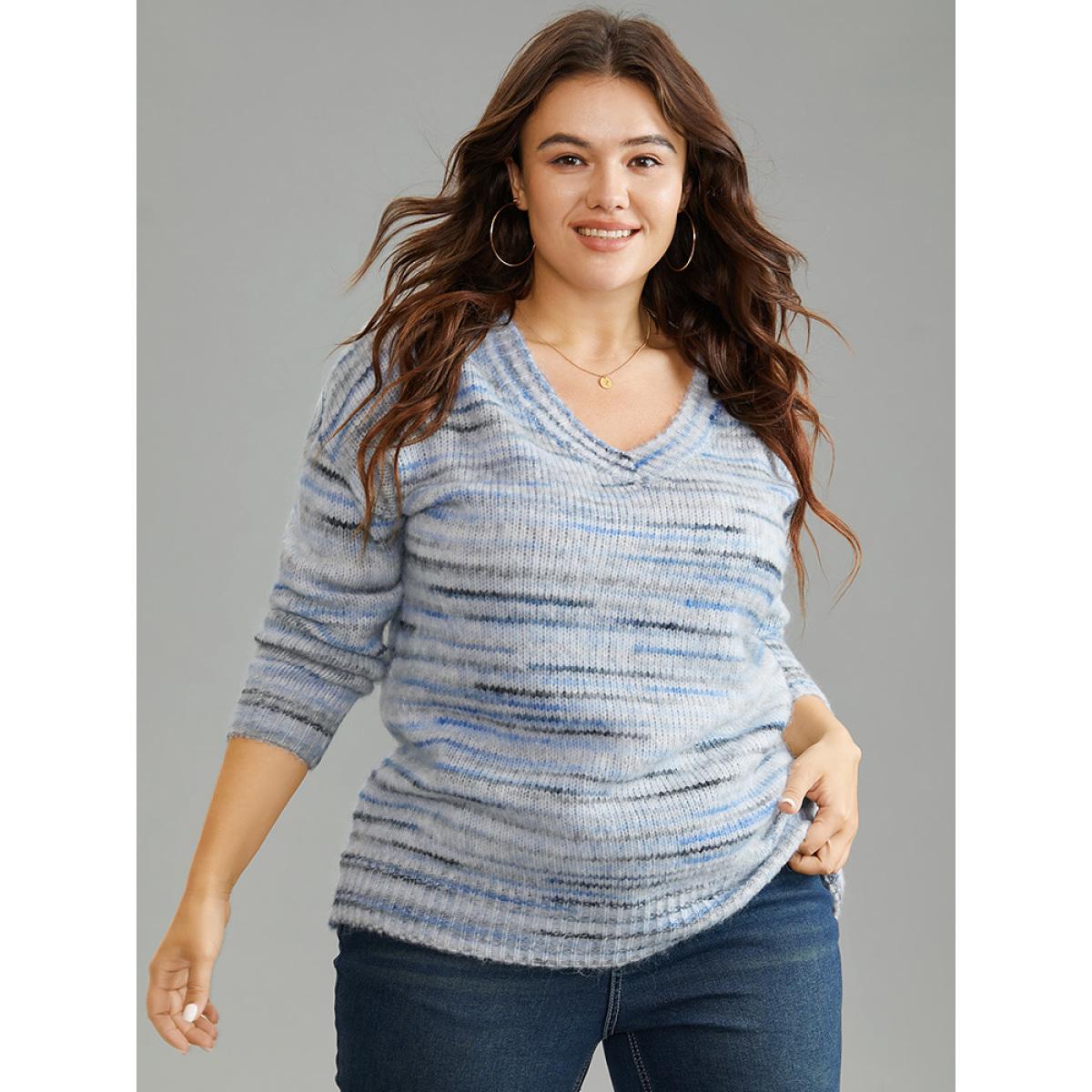 Plus Size Ombre Heather Drop Shoulder Pullover LightBlue Women Casual Loose Long Sleeve V-neck Everyday Pullovers BloomChic 12/L Product Image