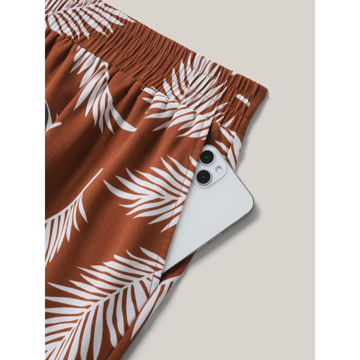 Plus Size Leafy Print Stretchy Waist Wide-Leg Pants Women Rust Resort Wide Leg Mid Rise Vacation Pants BloomChic 28/5X Product Image