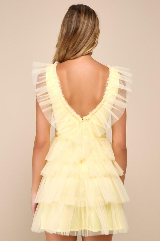 Striking Sensation Yellow Tulle Tiered Ruffled Mini Dress Product Image