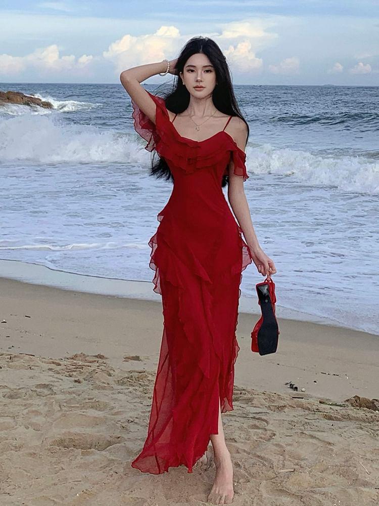 Sleeveless Scoop Neck Plain Ruffle Trim Slit Maxi Sheath Dress Product Image