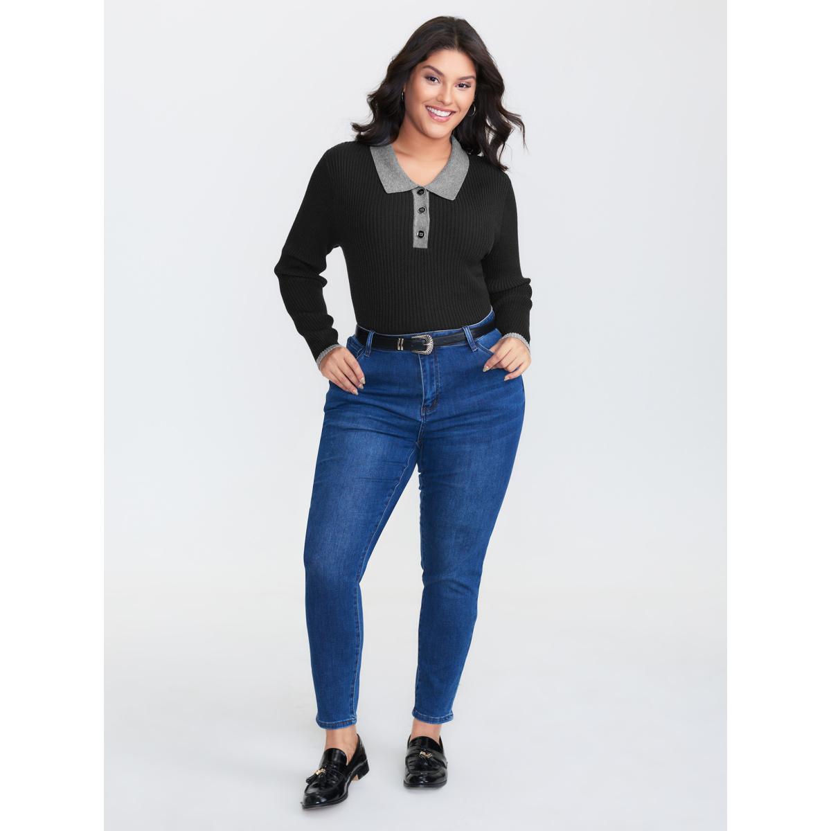 Plus Size Polo Neck Contrast Metal Buttons Pullover Black Women Leisure Bodycon Long Sleeve Polo Casual Pullovers BloomChic 22-24/3X Product Image