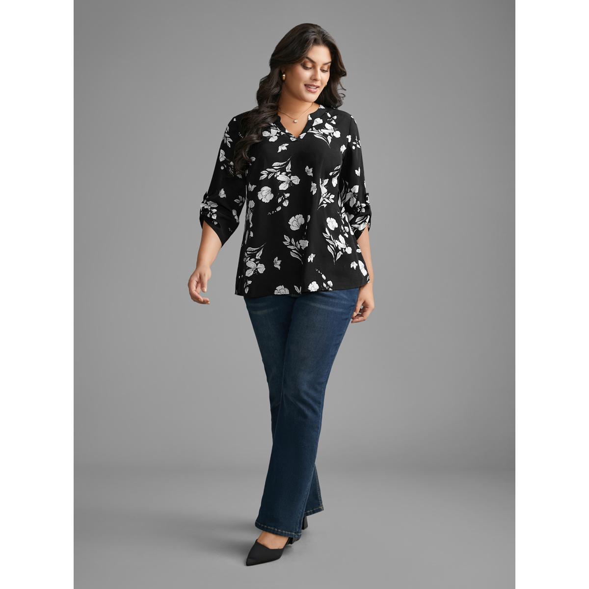 Plus Size Black Silhouette Floral Print Tab Sleeve Slit Hem Blouse Women Elegant Elbow-length sleeve Notched collar Everyday Blouses BloomChic 12/L Product Image