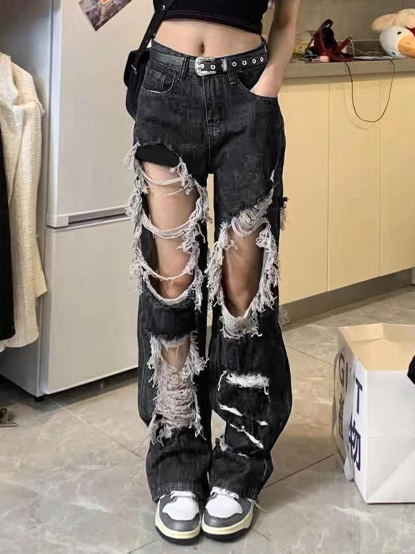 Raw Fringed Loose Ripped High-Rise Ripped Jeans Product Image