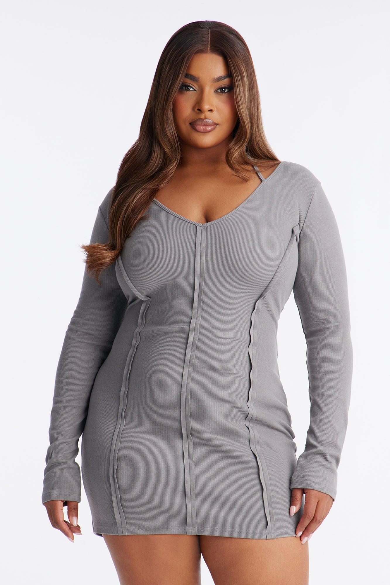 Celeste Long Sleeve Ribbed Mini Dress - Grey Female Product Image