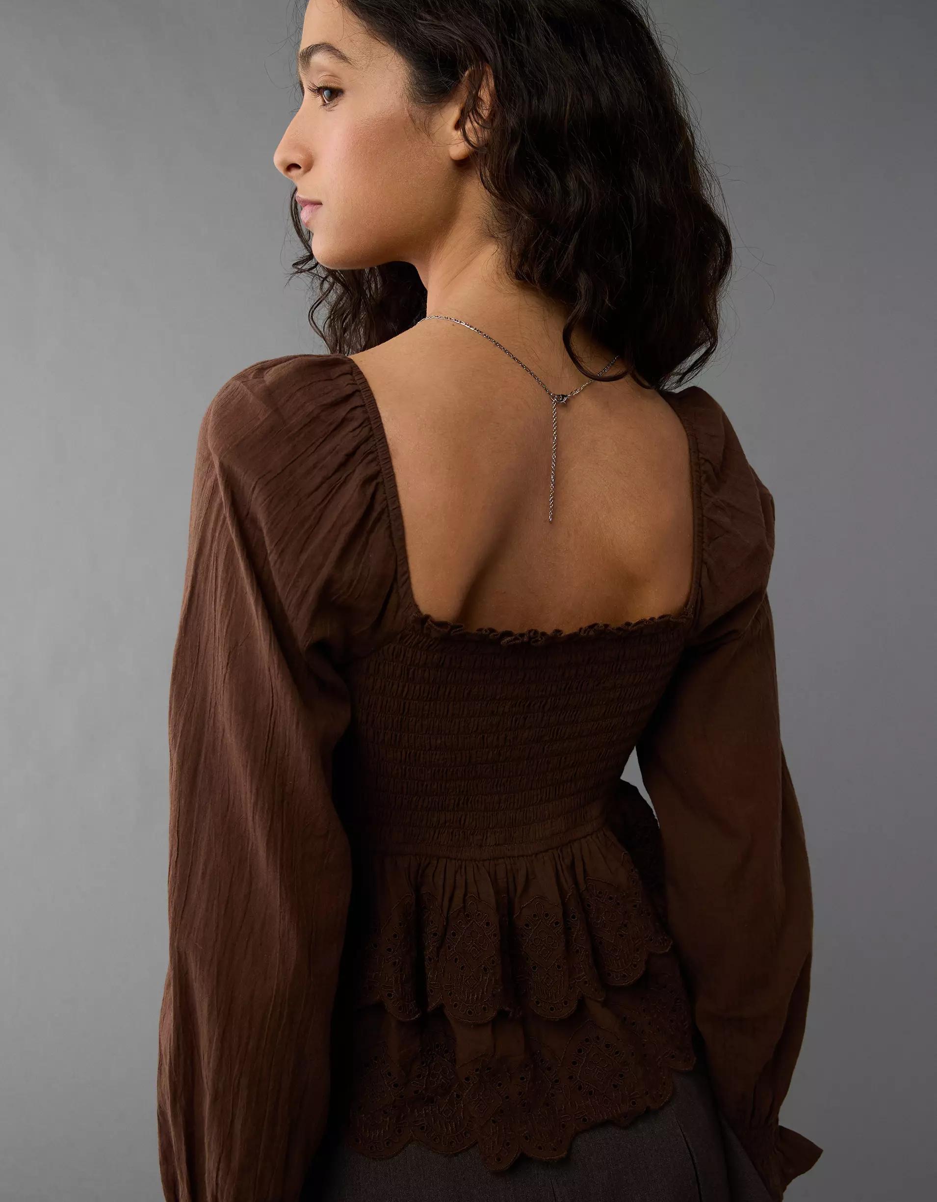 AE Long-Sleeve Smocked Tiered Top Product Image