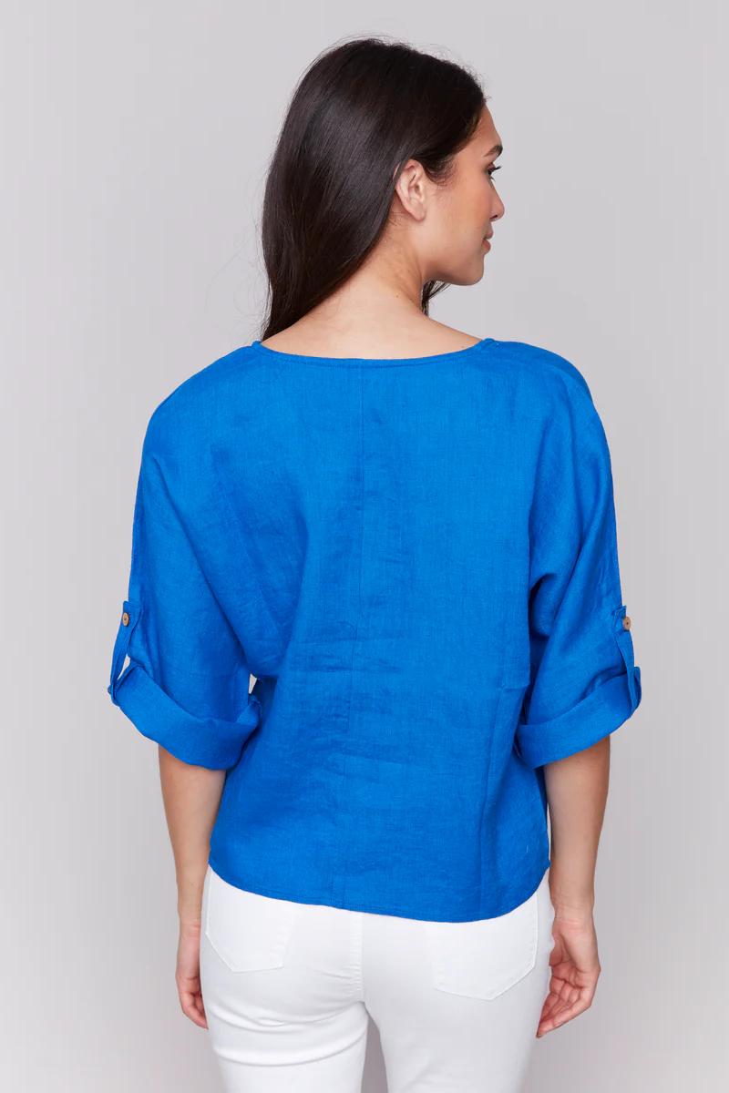 LINEN BLEND 3/4 SLEEVE TOP WITH FRONT TIE Product Image