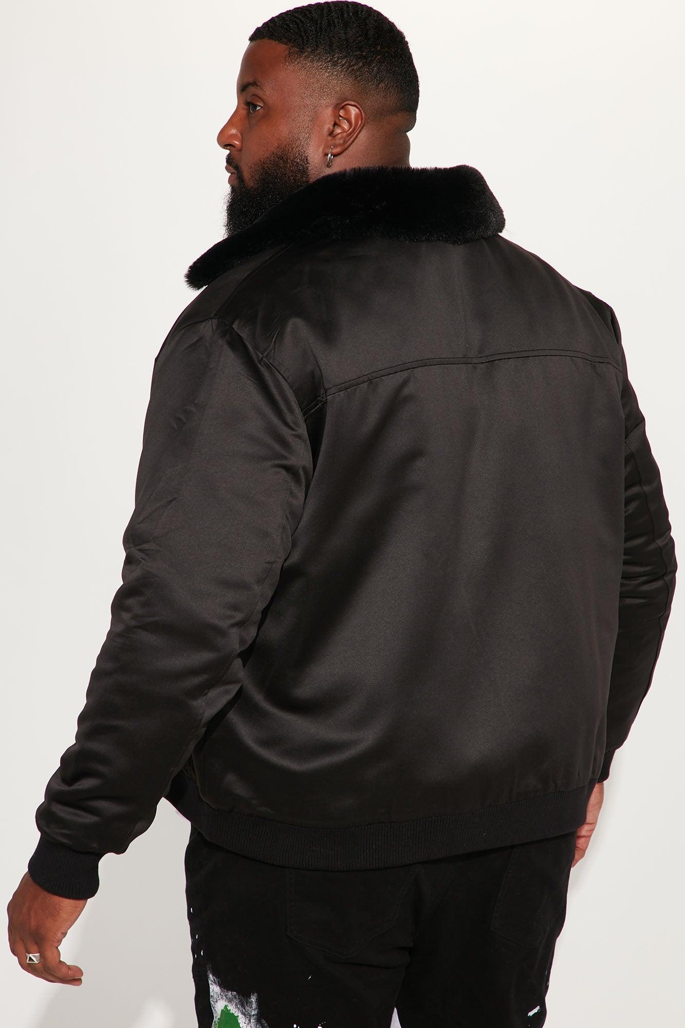 Faux Fur Collar Aviator Bomber Jacket - Black Product Image