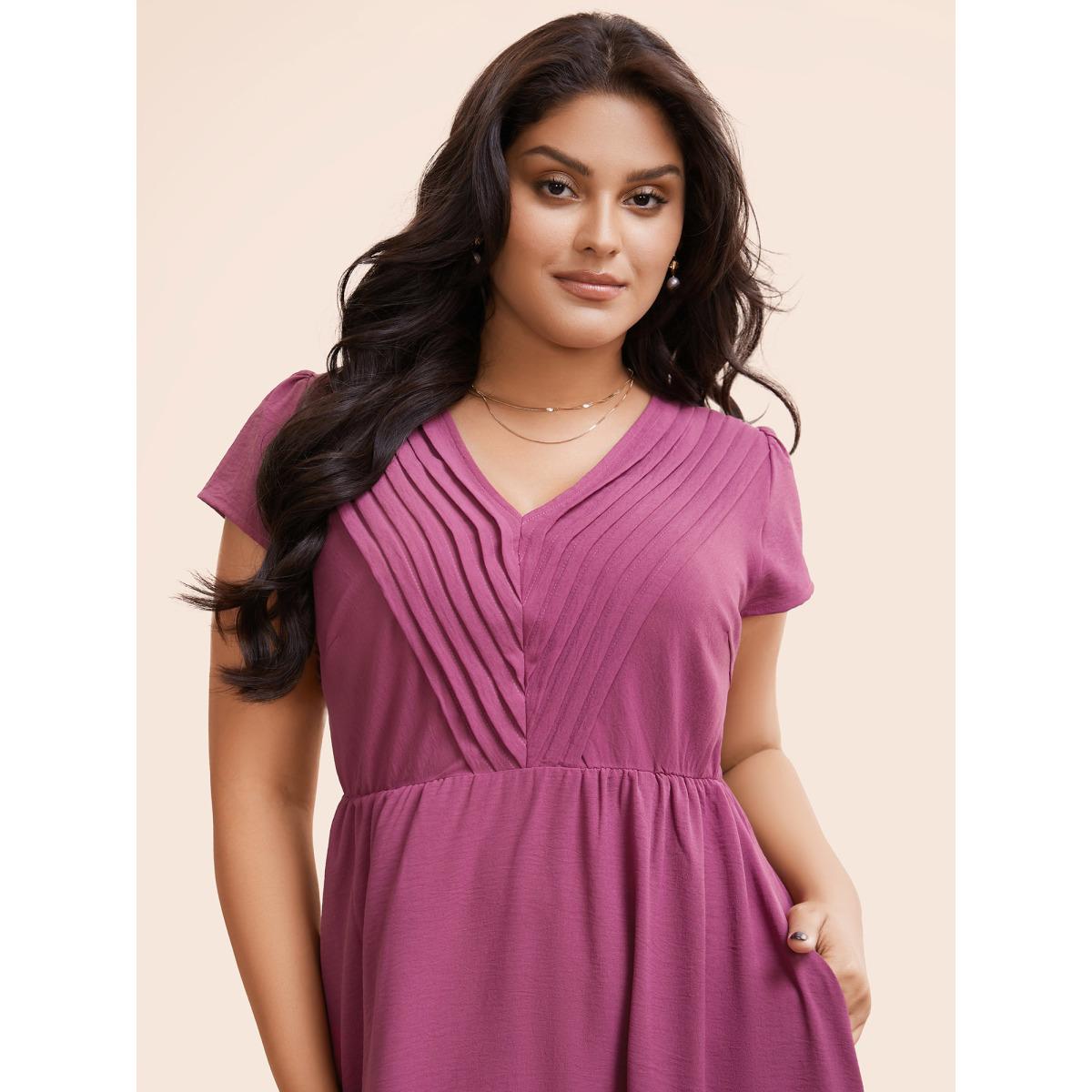 Plus Size Solid Ruffle Trim V Neck Pocket Pleated Front Dress RedViolet Women Elegant Pleated V-neck Cap Sleeve Curvy Midi Dress BloomChic 30/6X Product Image