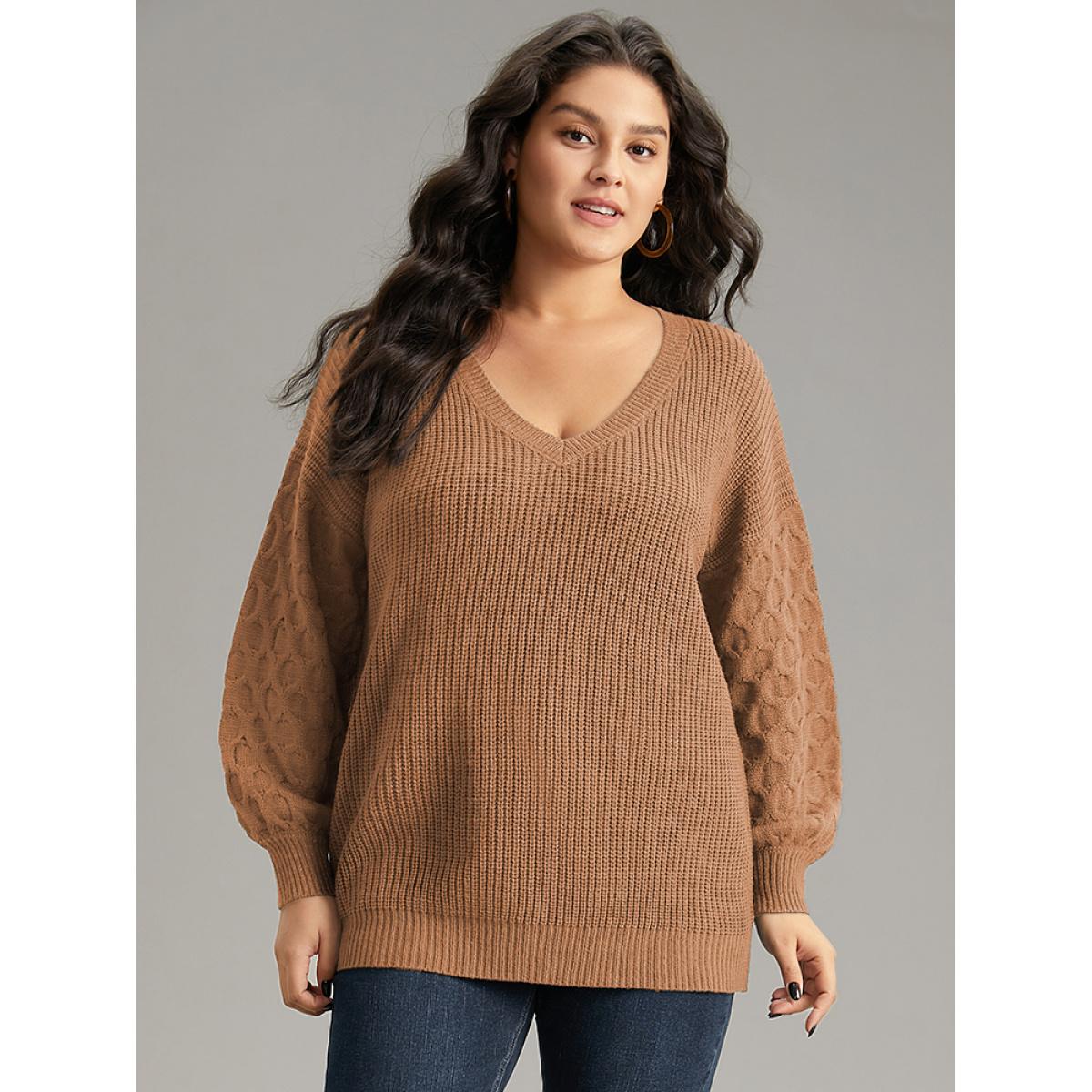 Plus Size Solid Cable Knit V Neck Drop Shoulder Pullover Chocolate Women Casual Long Sleeve V-neck Everyday Pullovers BloomChic 28/5X Product Image
