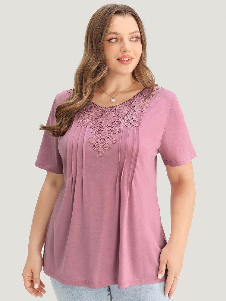 Solid Floral Patchwork Pleated Front T-shirt Female Product Image