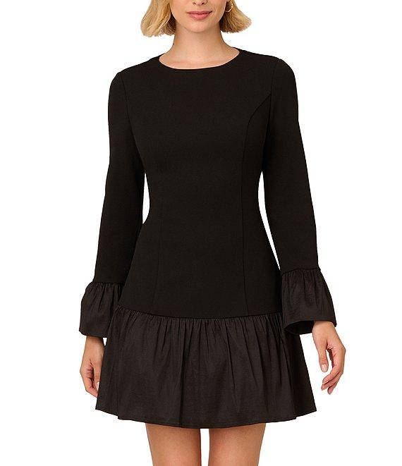 Adrianna Papell Stretch Crepe Taffeta Crew Neck Long Bell Sleeves Drop Waist Mini Dress Product Image