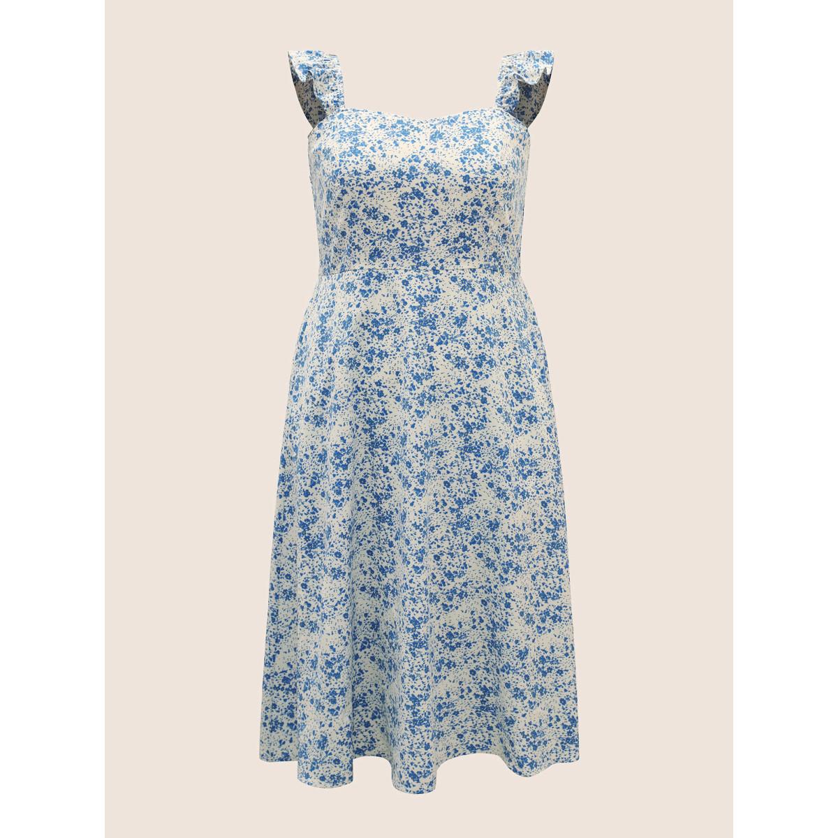 Plus Size Ditsy Floral Ruffle Trim Side Seam Pocket Dress White Women Elegant Ruffles Square Neck Sleeveless Curvy BloomChic 18-20/2X Product Image