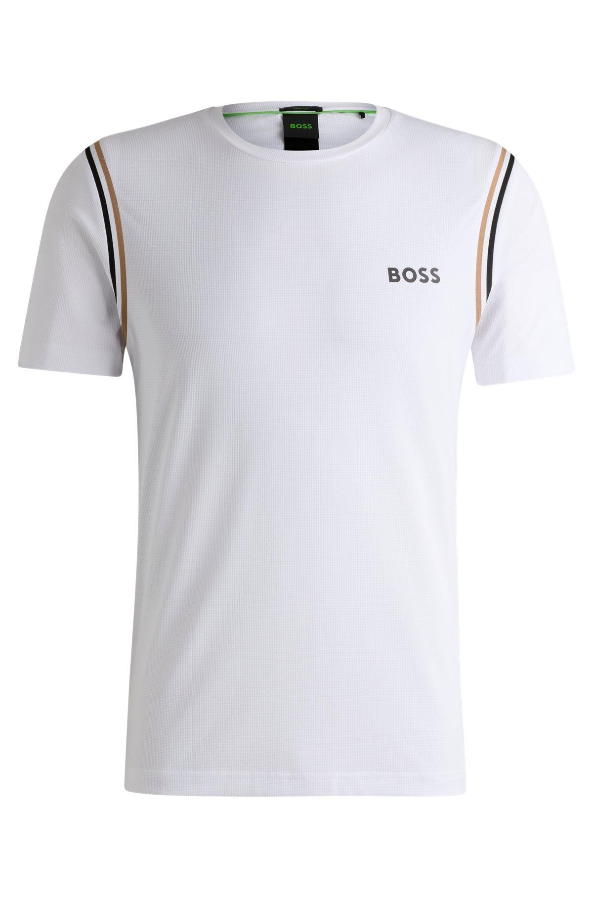 BOSS - Active waffle-structure T-shirt with signature stripes - White Product Image