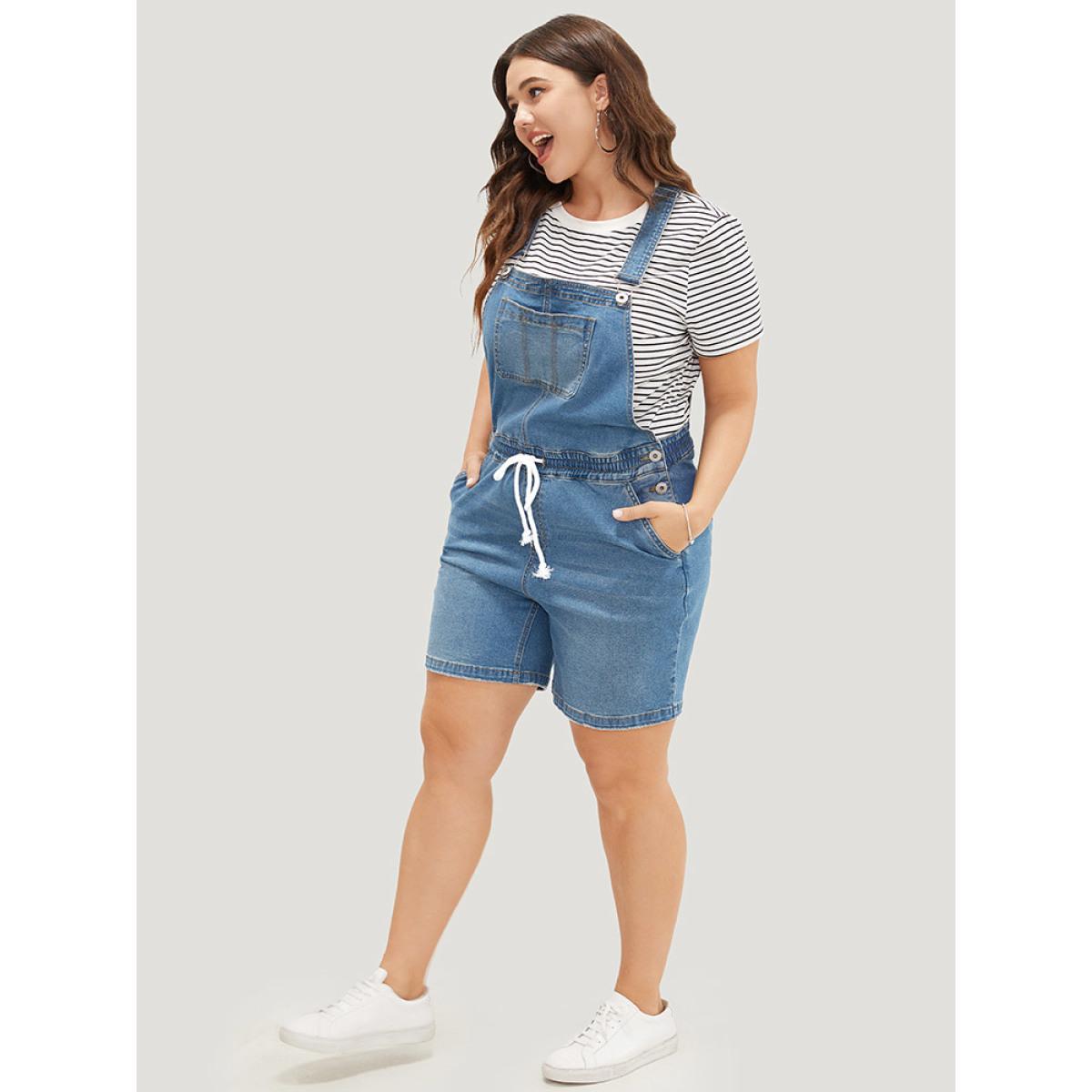 Plus Size Drawstring Button Up Dark Wash Denim Overalls Blue Women Plain Low stretch Dailywear Pocket Casual Denim Jumpsuits BloomChic 10/M Product Image