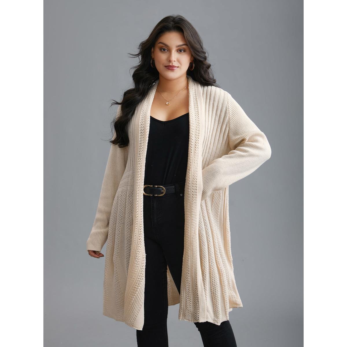 Plus Size Plain Textured Kimono Collar Cardigan Apricot Women Timeless Loose Long Sleeve Elegant Cardigans BloomChic 28/5X Product Image