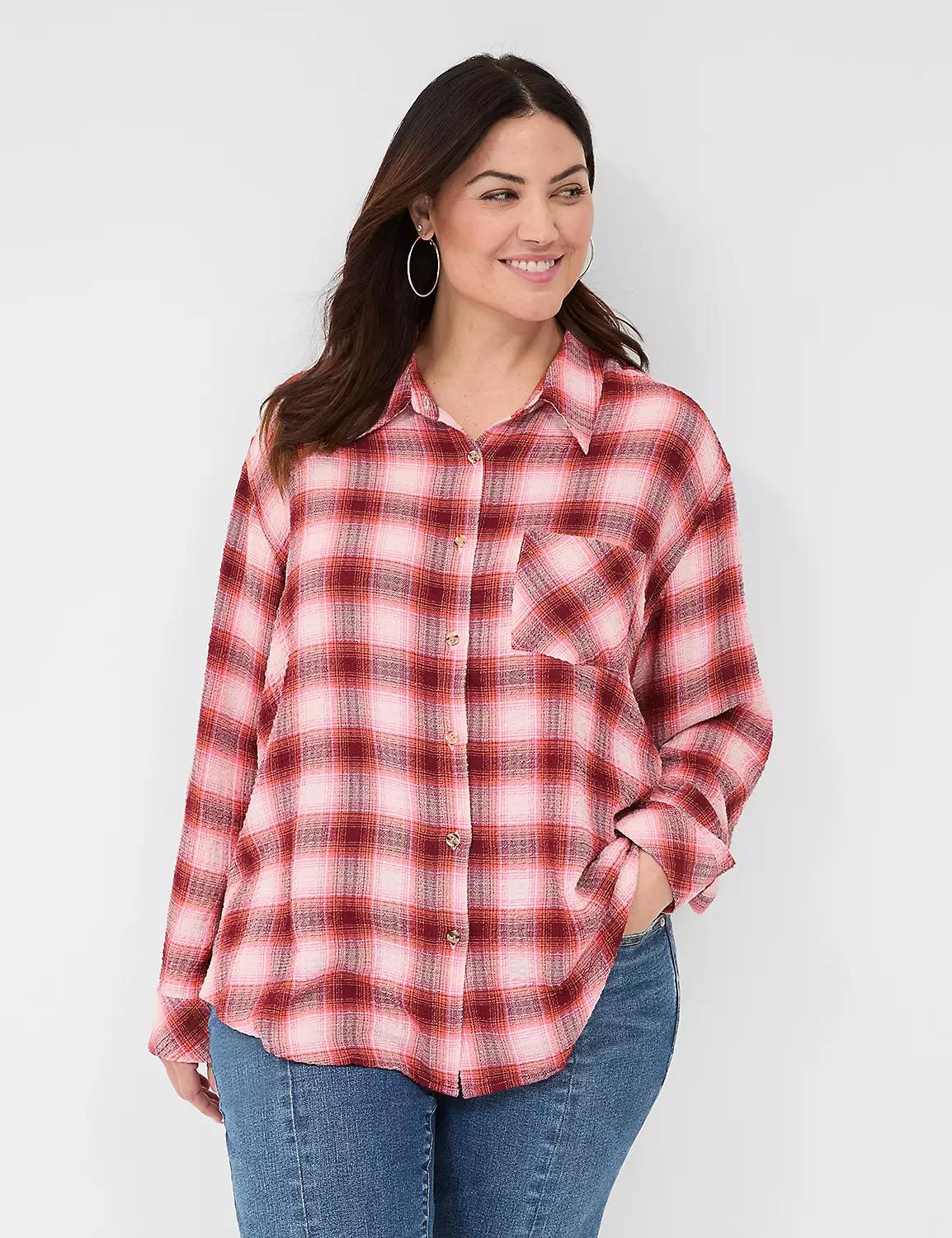 Button-Down Crinkle Plaid Shirt Product Image