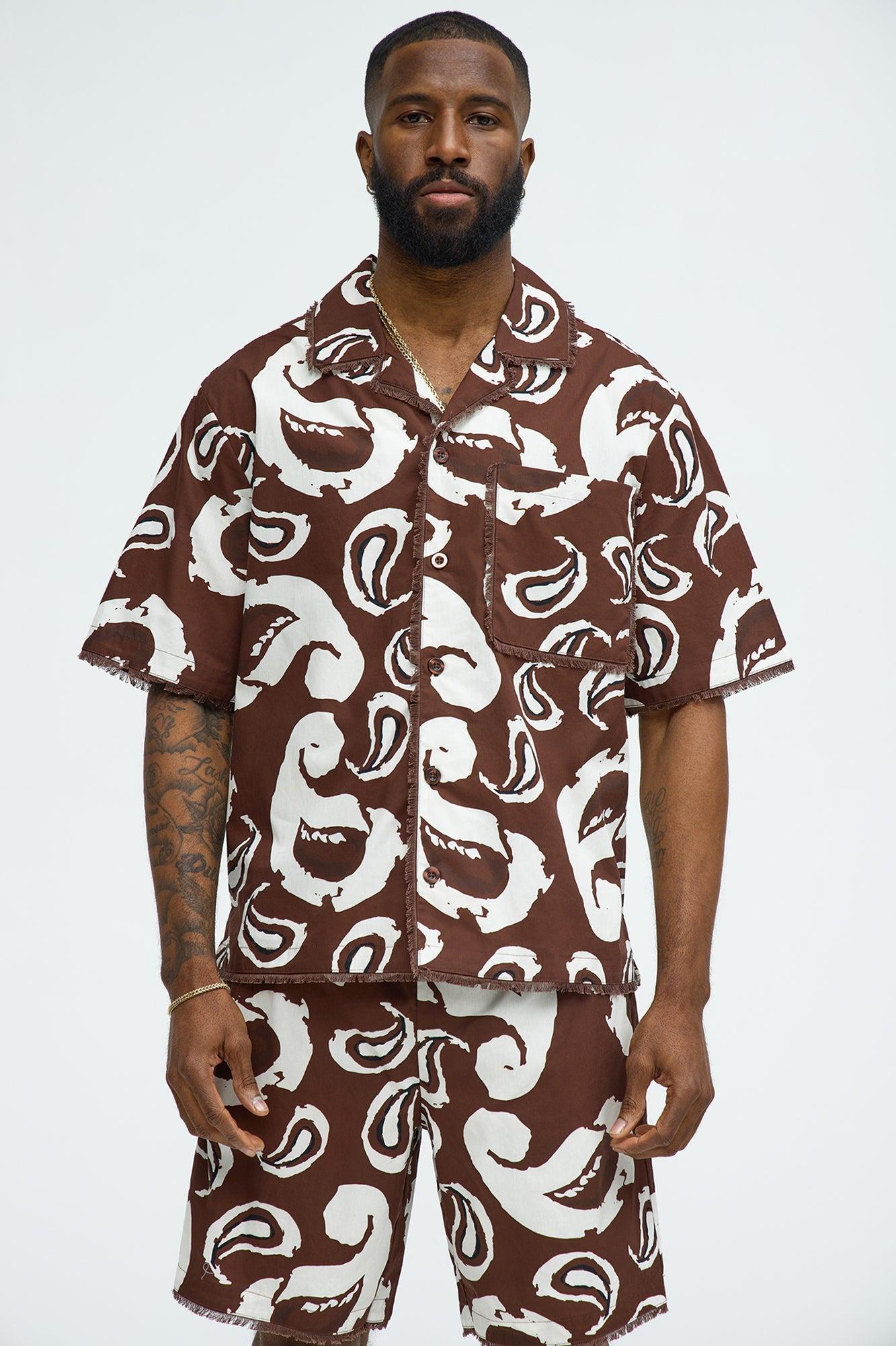 Paisley Print Frayed Shirt - Brown/combo Product Image