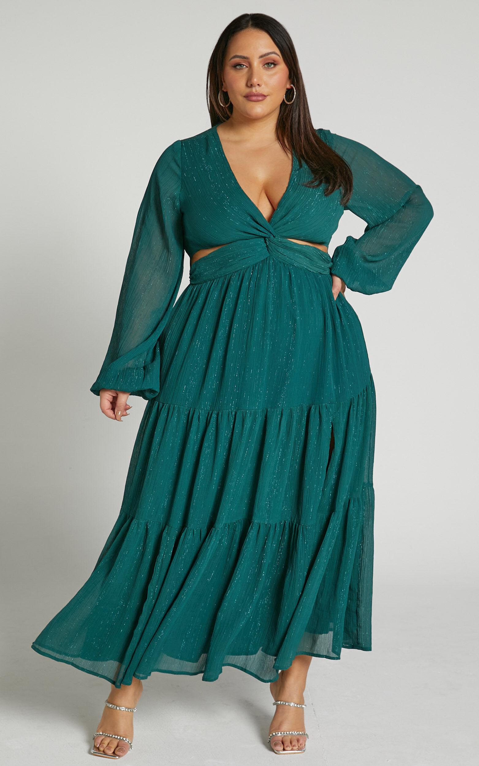Edelyn Midi Dress - Cut Out Balloon Sleeve Tiered Dress in Emerald Product Image
