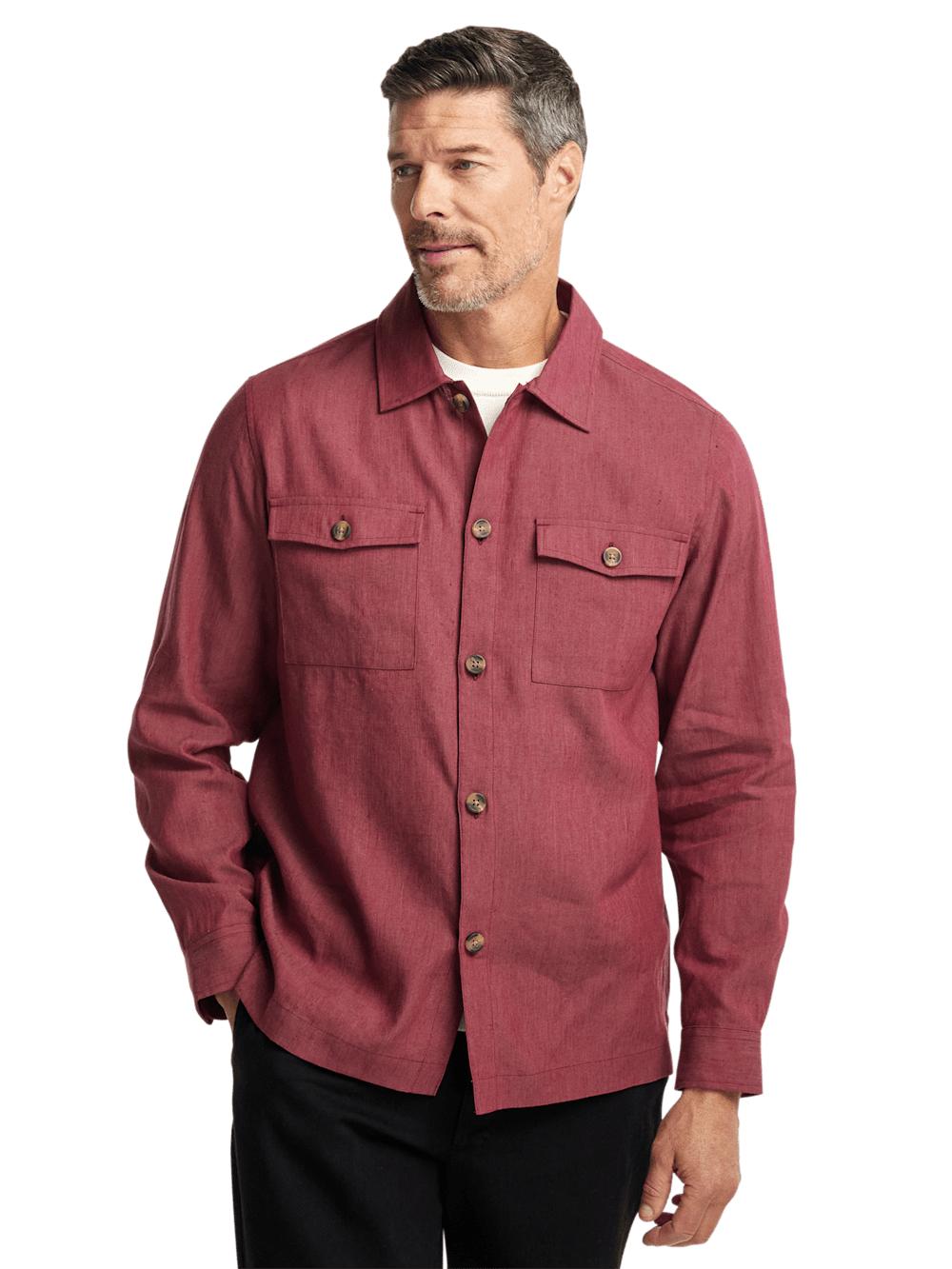 Linen Blend Solid Overshirt - Burgundy Product Image