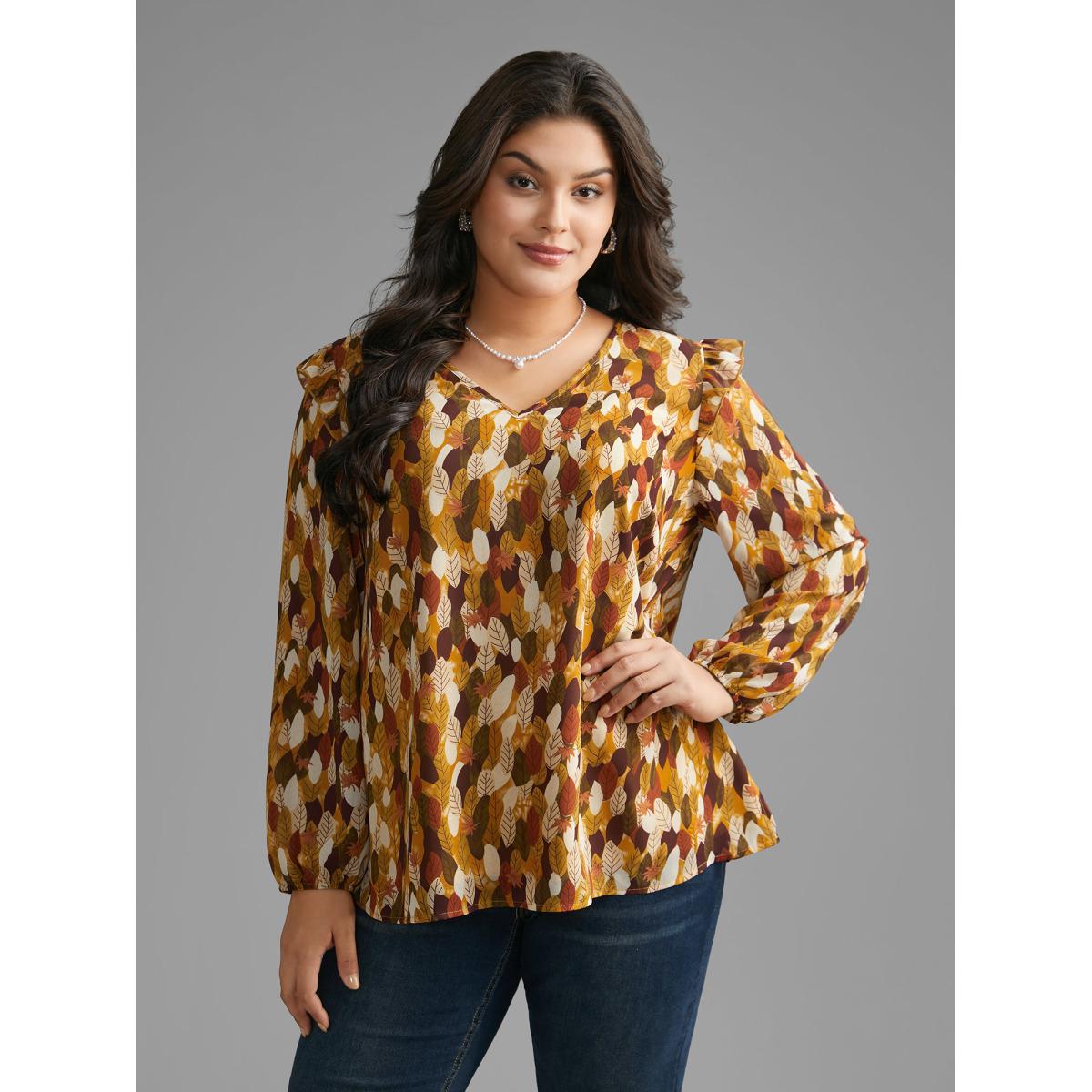 Plus Size Multicolor Leaves Print Ruffle Trim Slit Hem Blouse Women Elegant Long Sleeve V-neck Everyday Blouses BloomChic 18-20/2X Product Image