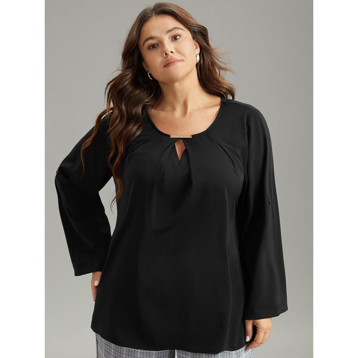 Plus Size Black Anti-Wrinkle Buckle Detail Keyhole Tab Sleeve Blouse Women Office Long Sleeve Round Neck Work Blouses BloomChic 10/M Product Image
