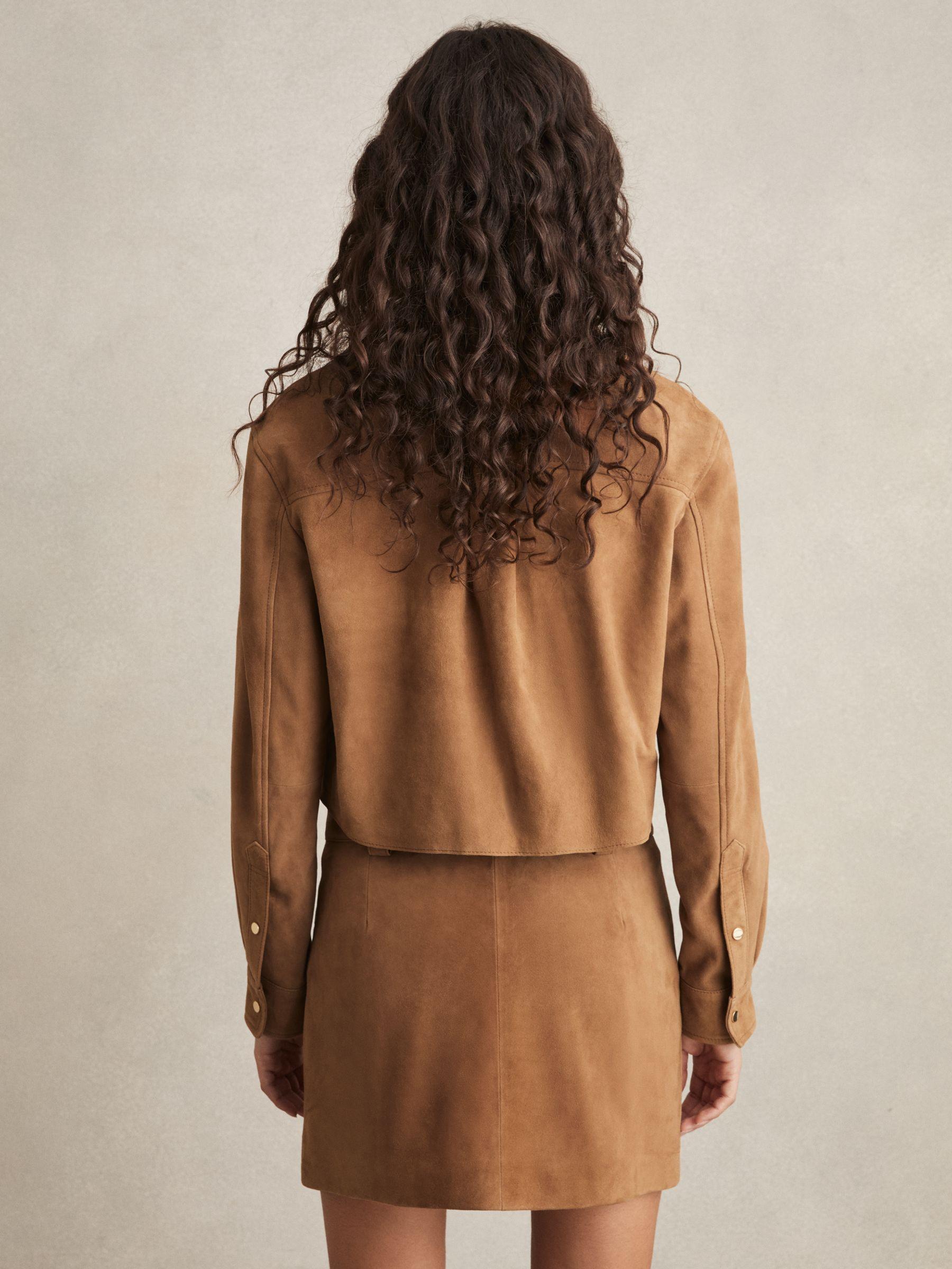 Suede Press-Stud Cropped Shirt in Tan Product Image