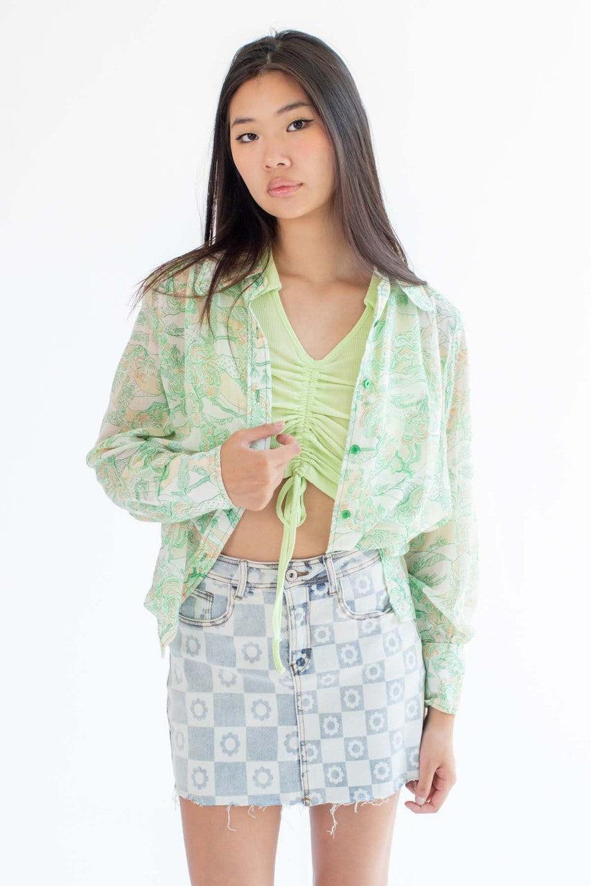 Lime Ruched Front Ribbed Sleeveless Polo Product Image