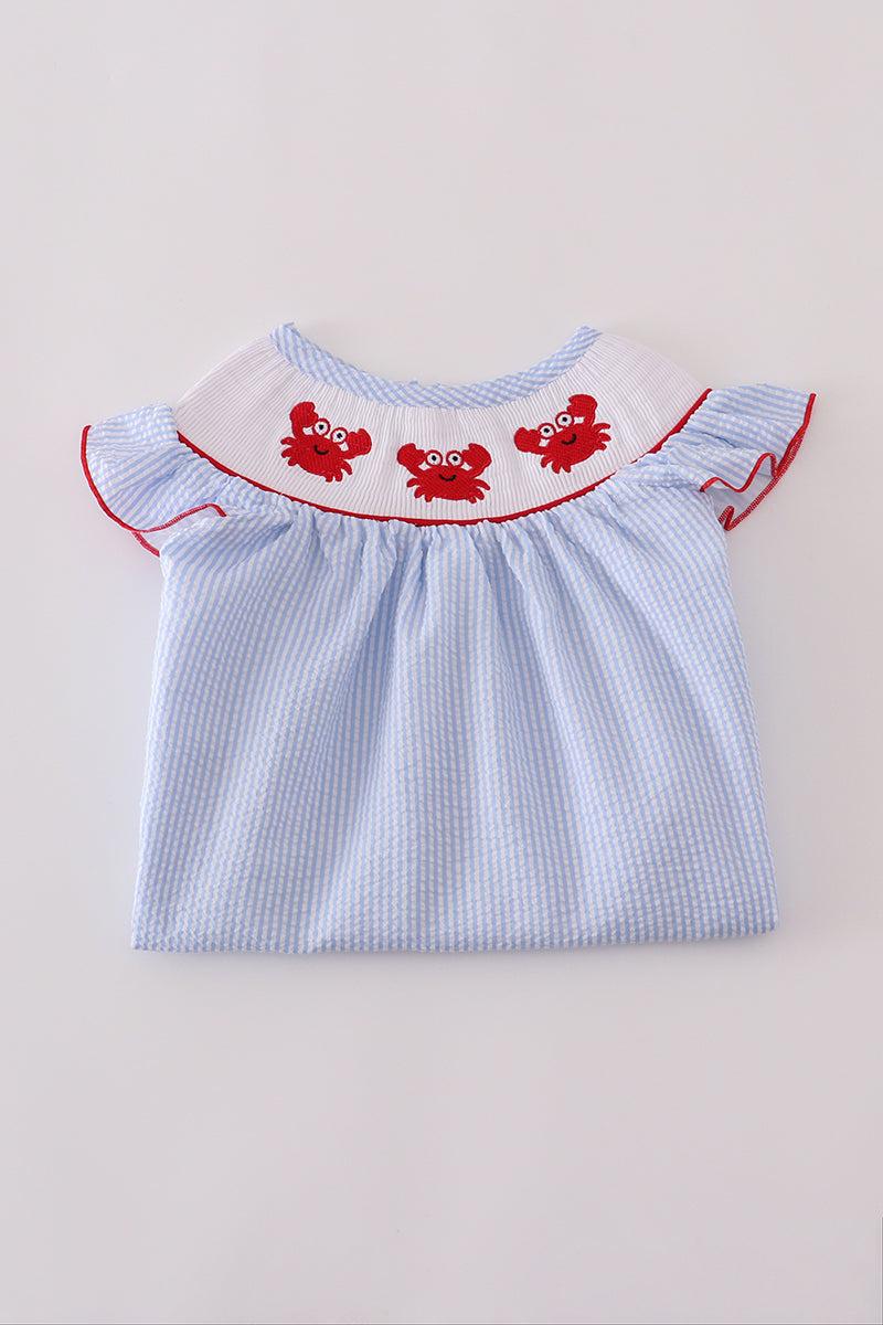 Blue seersucker crab embroidery smocked dress Product Image