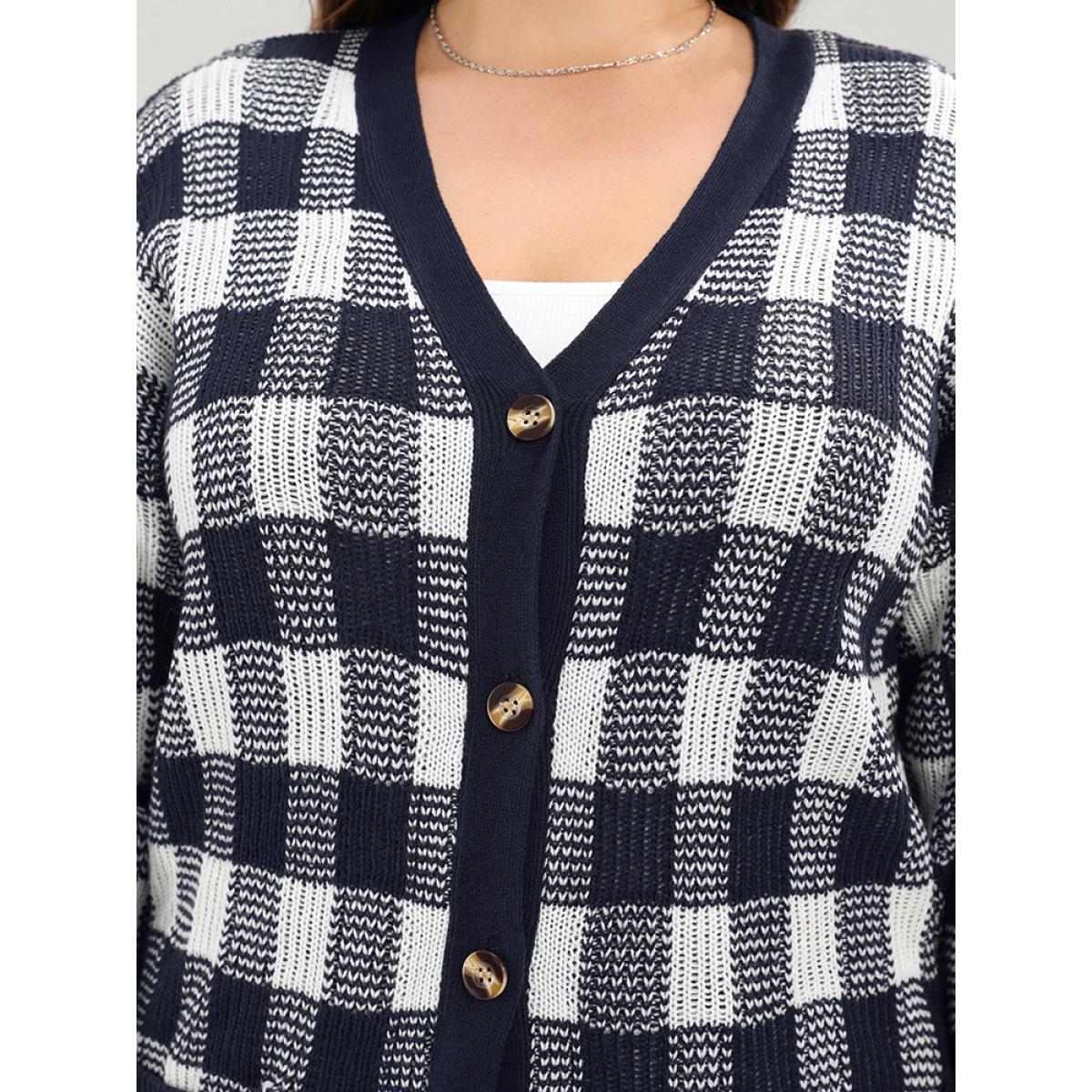 Plus Size Plaid Pointelle Knit Pocket Button Front Cardigan Midnight Women Elegant Loose Long Sleeve Dailywear Cardigans BloomChic 28/5X Product Image