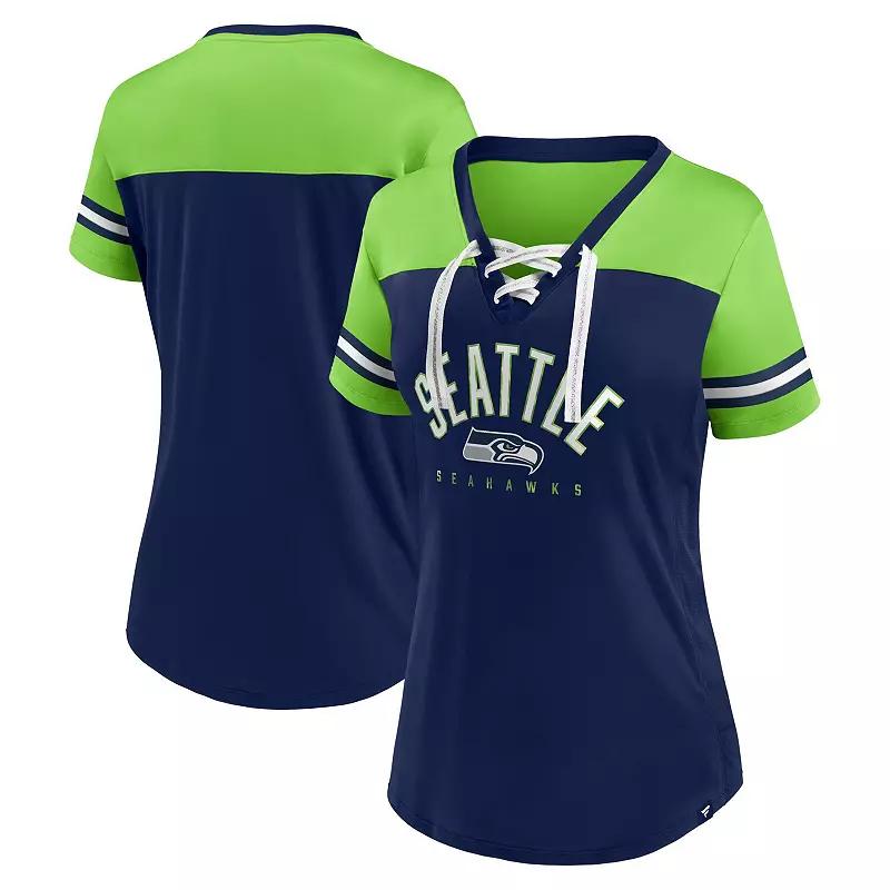 Women's Fanatics College Navy/Neon Green Seattle Seahawks Blitz & Glam Lace-Up V-Neck Jersey T-Shirt, Size: XS, Blue Product Image
