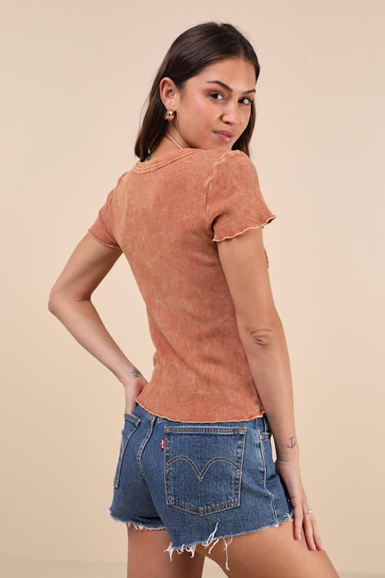 Boho Charisma Washed Rust Waffle-Knit Lace Short Sleeve Top Product Image
