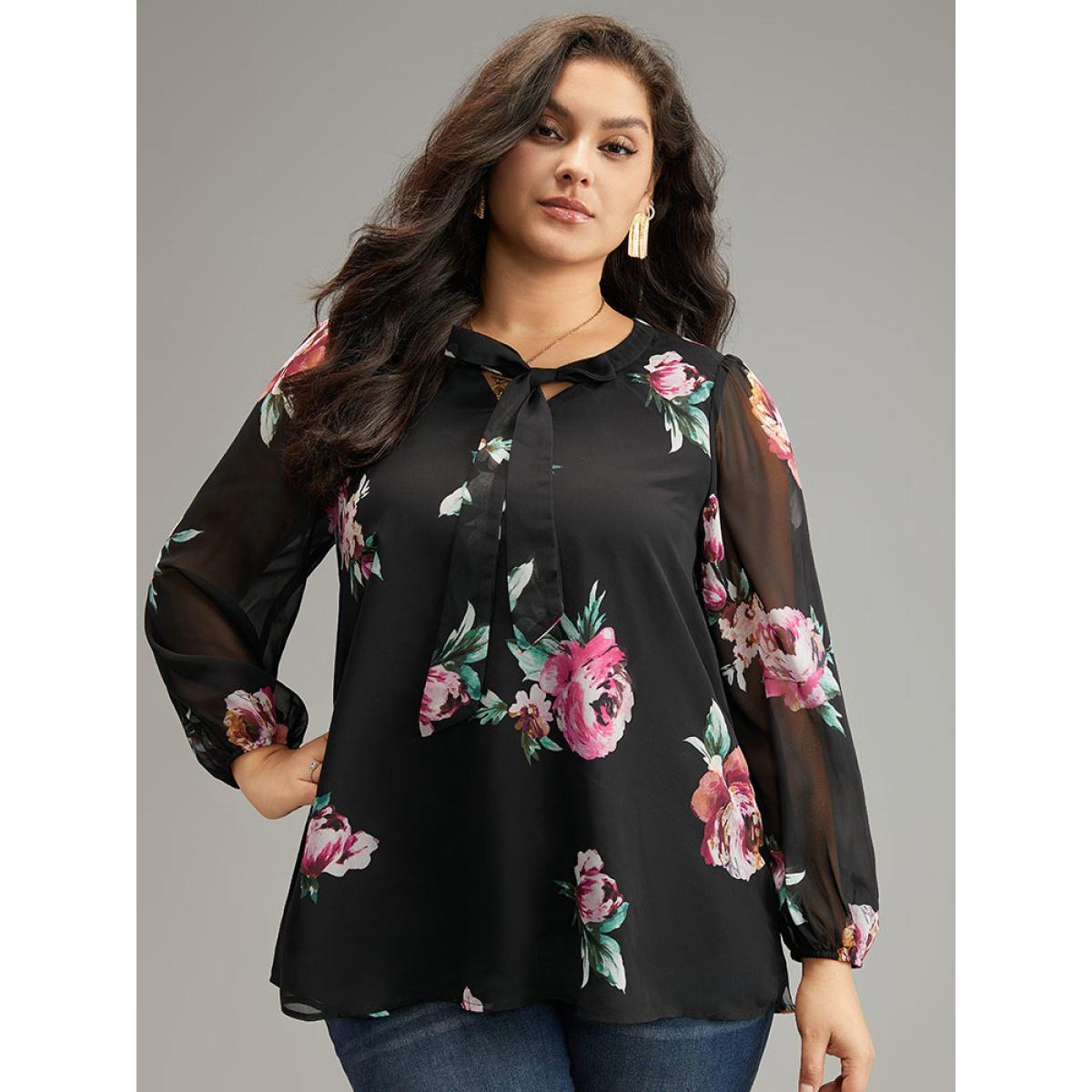 Plus Size Black Floral Knot Neck Mesh Patchwork Blouse Women Glamour Long Sleeve Tie Neck Going out Blouses BloomChic 28/5X Product Image
