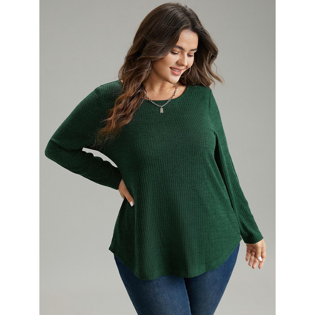 Plus Size Rib Knit Solid Crew Neck Button Detail T-shirt DarkGreen Women Casual Texture Plain Round Neck Dailywear T-shirts BloomChic 18-20/2X Product Image